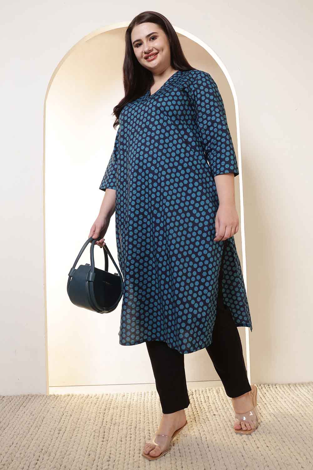 Plus Size Navy & Teal Polka Print V Neck Cotton Kurta | Made to Order