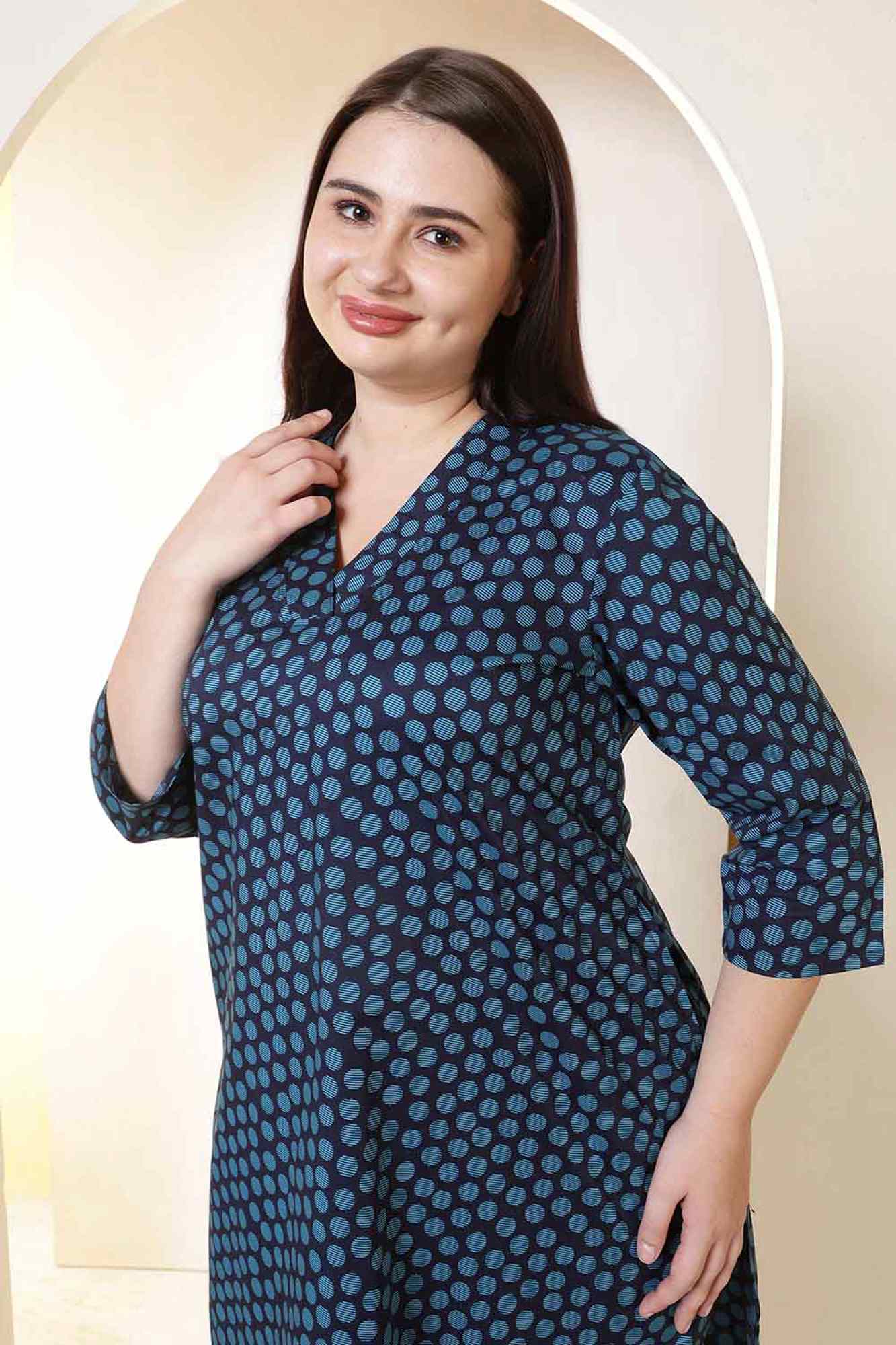 Plus Size Navy & Teal Polka Print V Neck Cotton Kurta | Made to Order