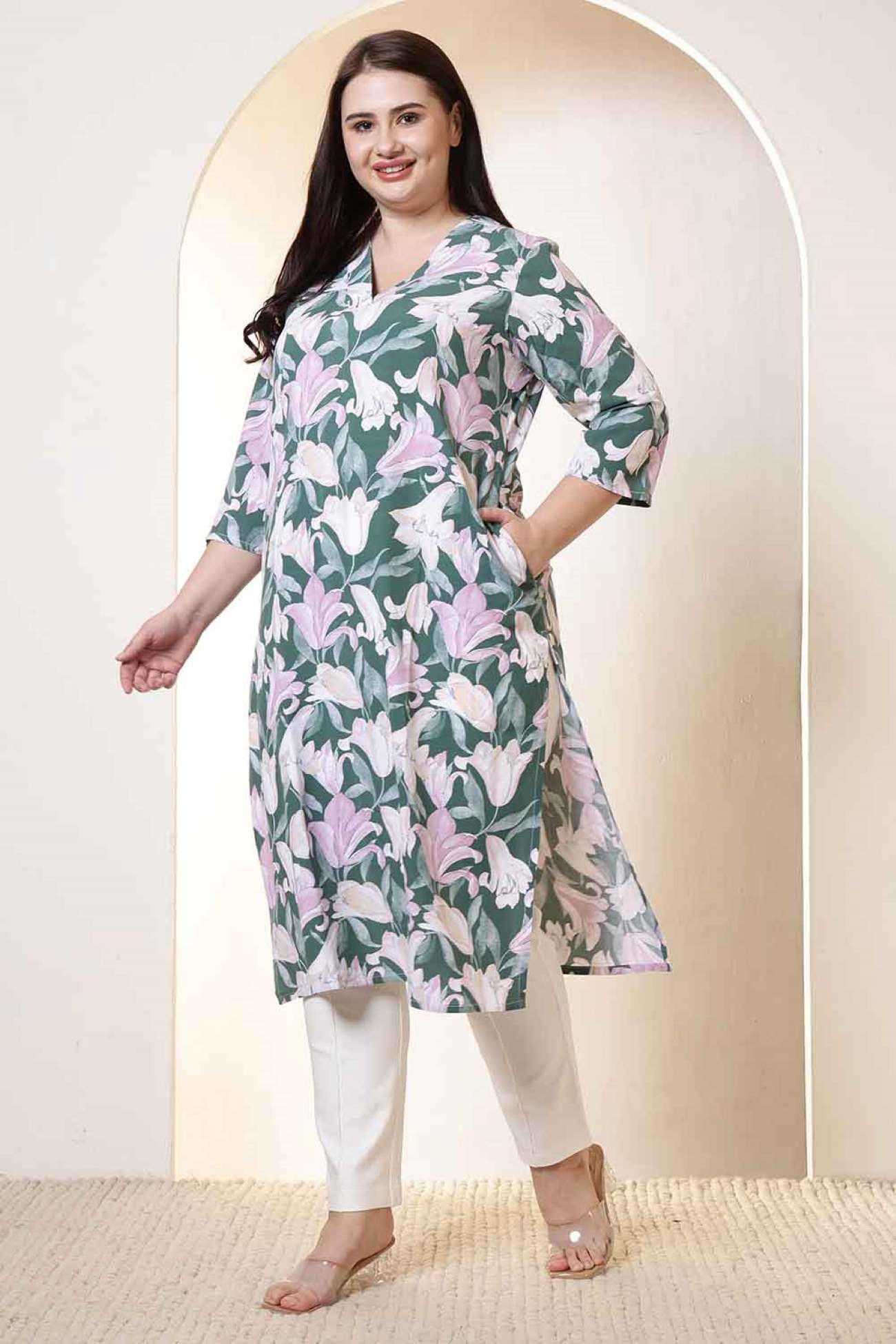Plus Size Green & Pink Flower Print V Neck Rayon Kurta in Cotton, Pant NOT included | Made to Order