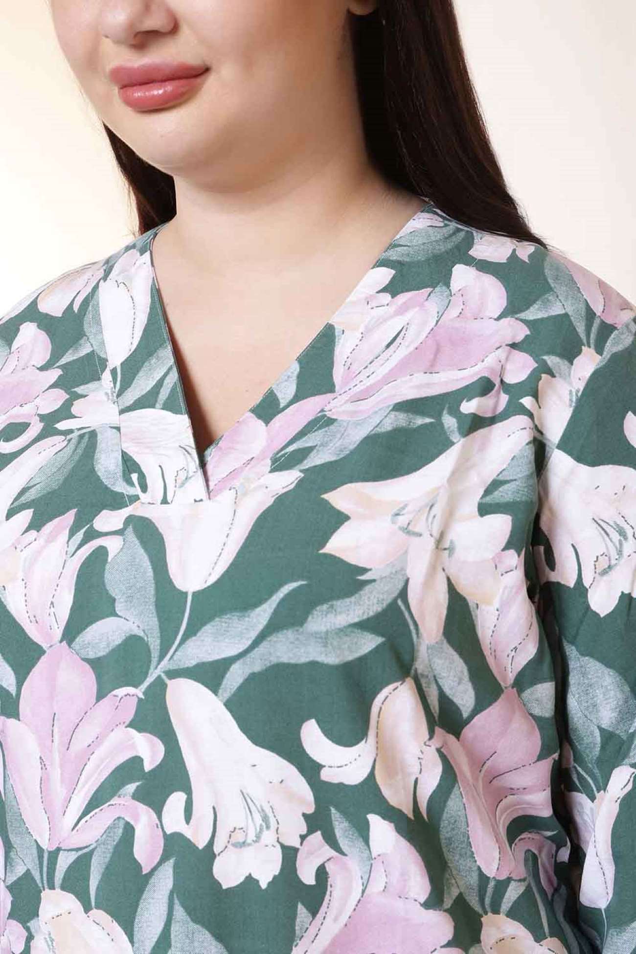 Plus Size Green & Pink Flower Print High Slit Styled Cuff Rayon Shirt | Made to Order