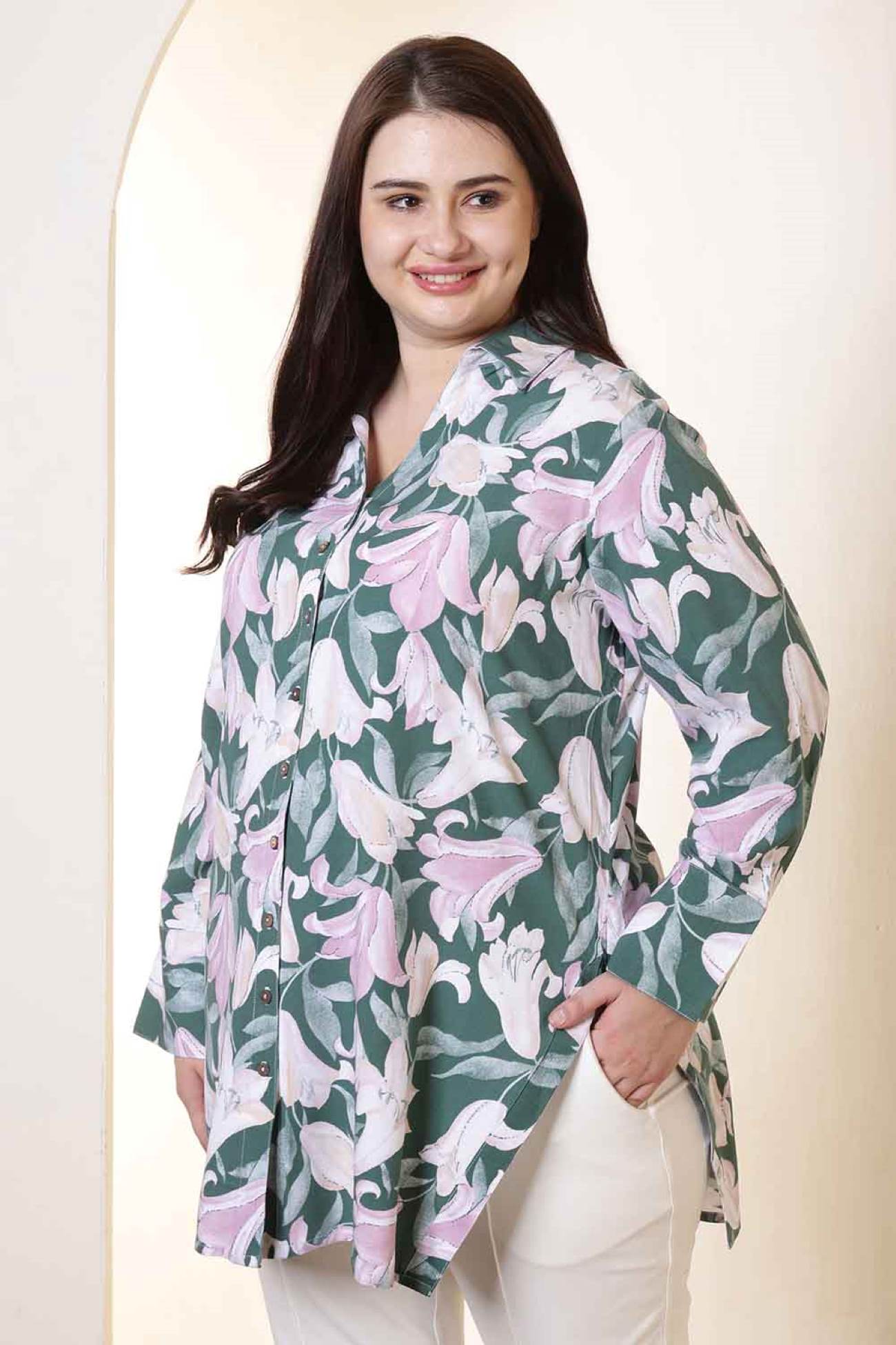 Plus Size Green & Pink Flower Print High Slit Styled Cuff Rayon Shirt | Made to Order