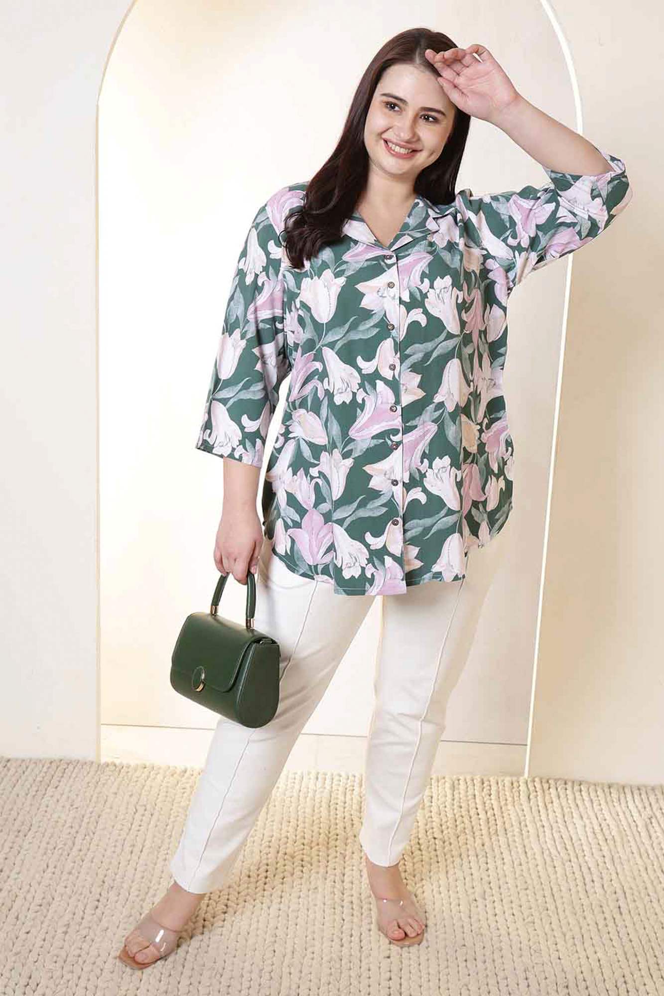 Plus Size Green & Pink Flower Print Cuban Collar Rayon Shirt | Made to Order