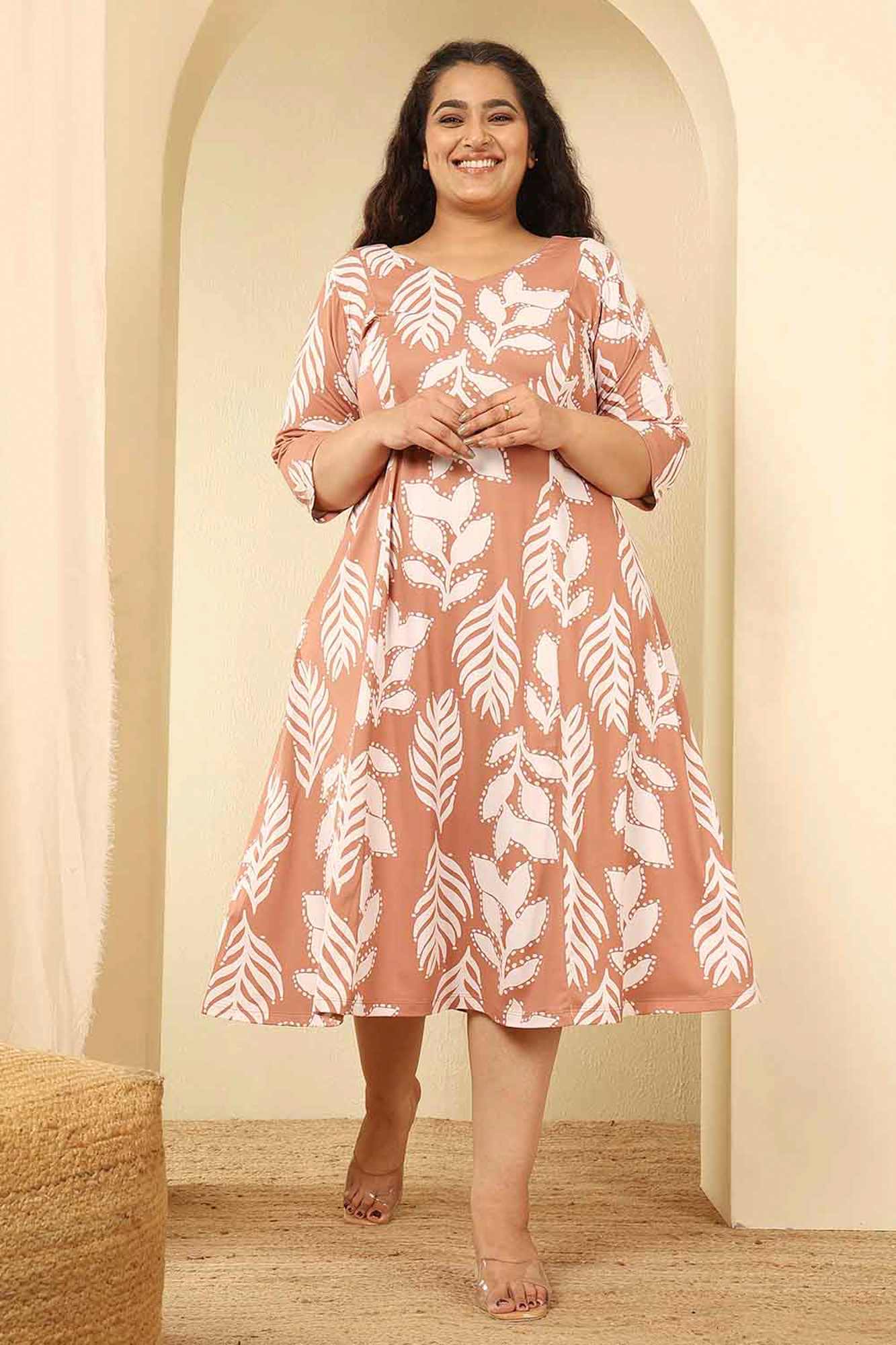 Plus Size Terracotta Leaf Print A Line Dress in Polyester Spandex fabric | Made to Order