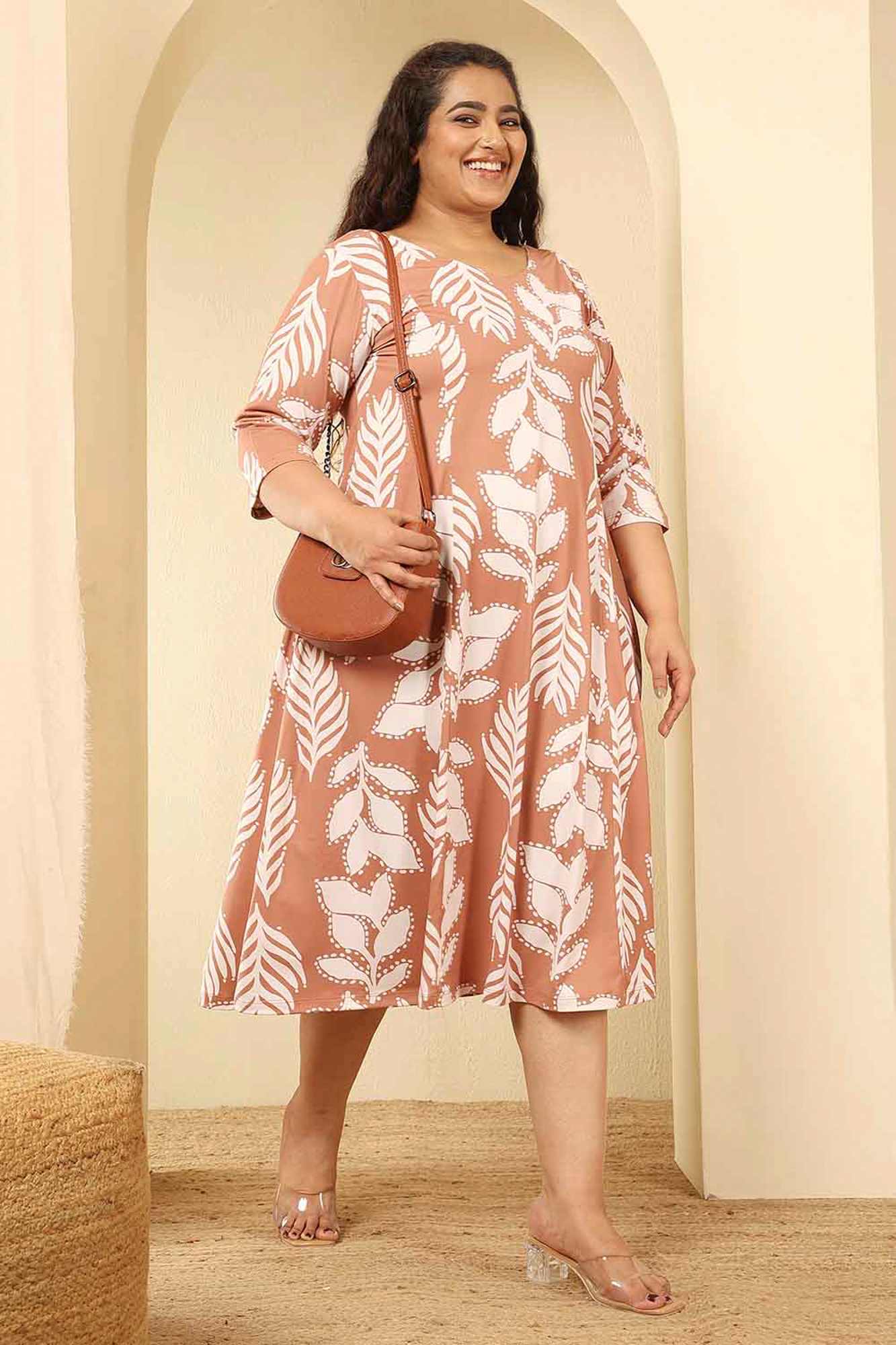 Plus Size Terracotta Leaf Print A Line Dress in Polyester Spandex fabric | Made to Order