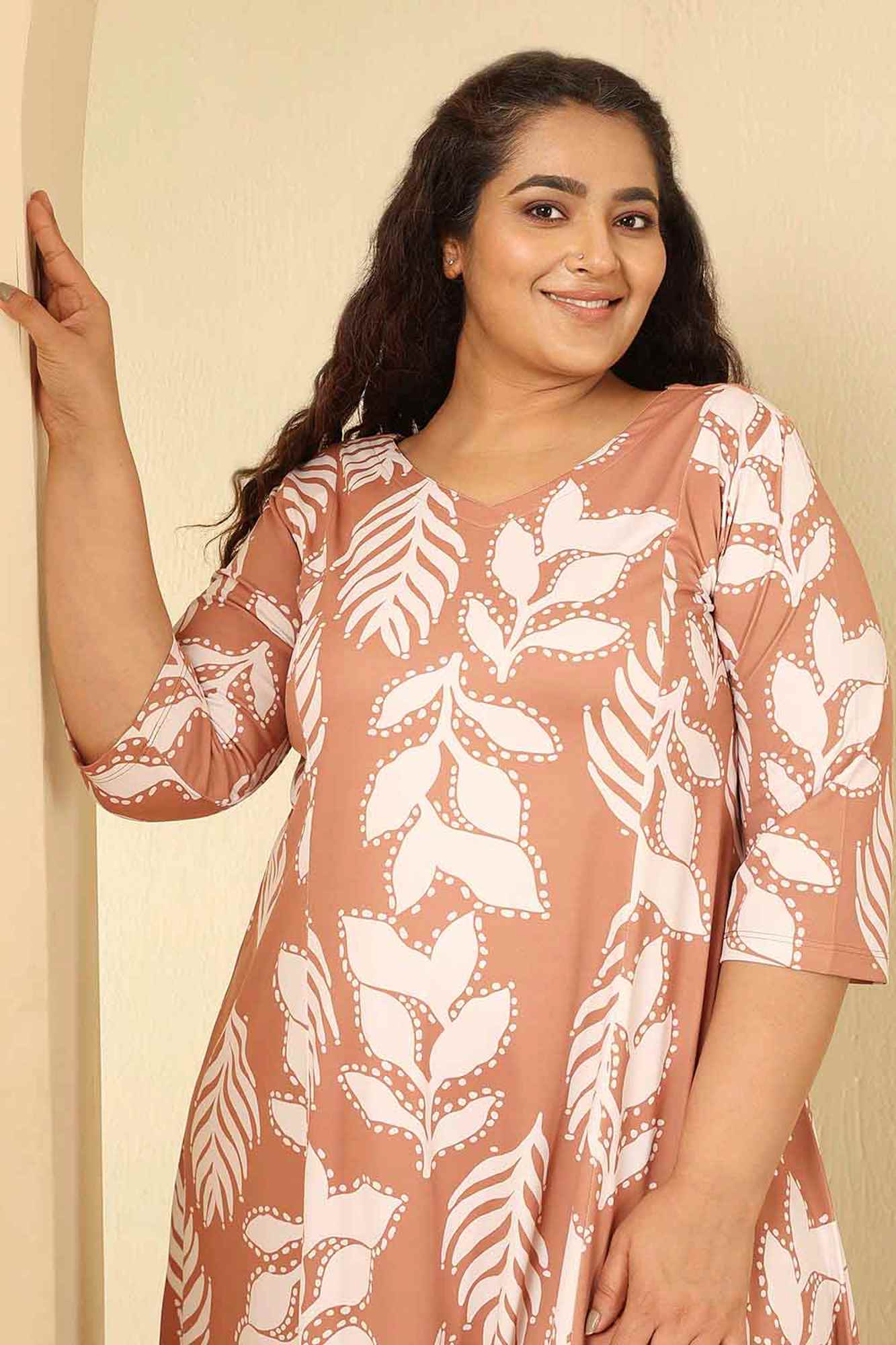 Plus Size Terracotta Leaf Print A Line Dress in Polyester Spandex fabric | Made to Order