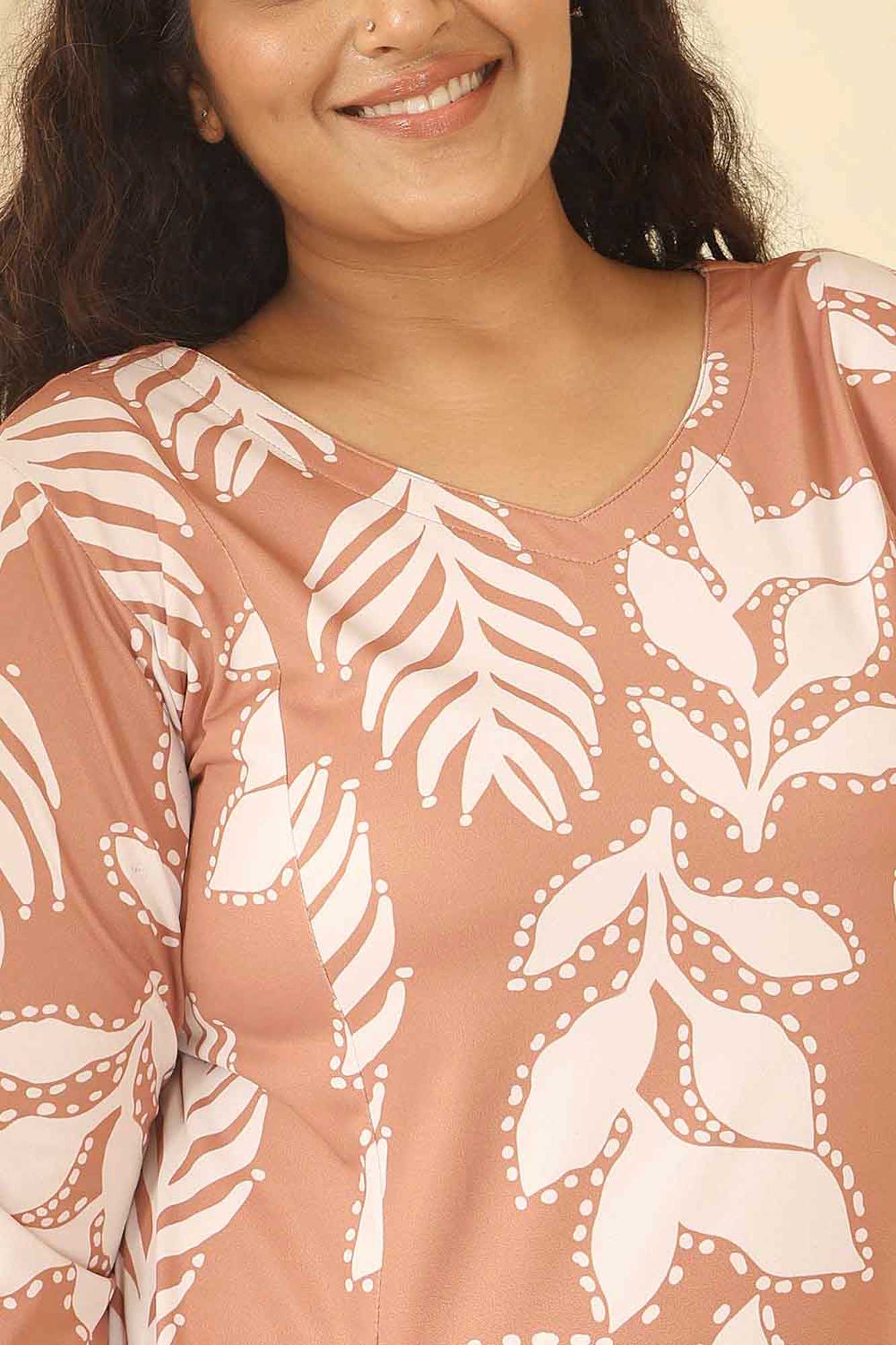 Plus Size Terracotta Leaf Print A Line Dress in Polyester Spandex fabric | Made to Order