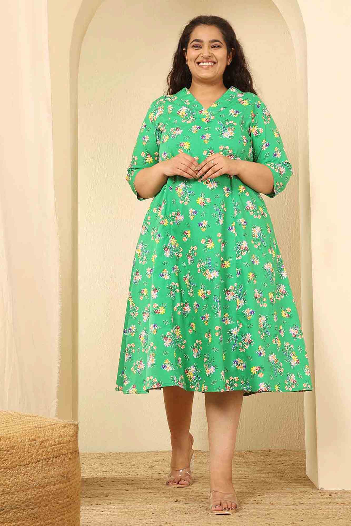 Plus Size Green Floral Print Cotton Midi Dress | Made to Order