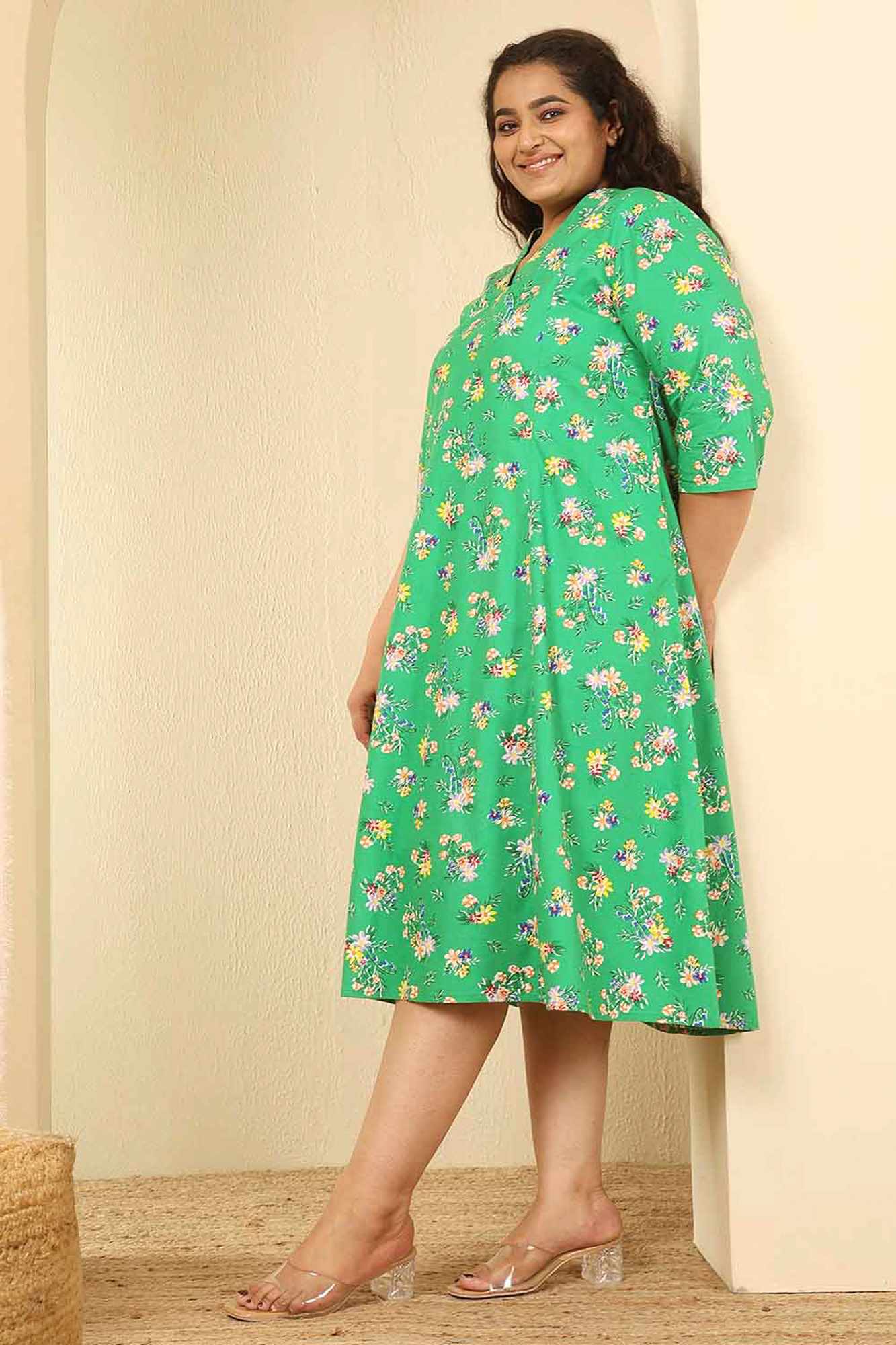 Plus Size Green Floral Print Cotton Midi Dress | Made to Order