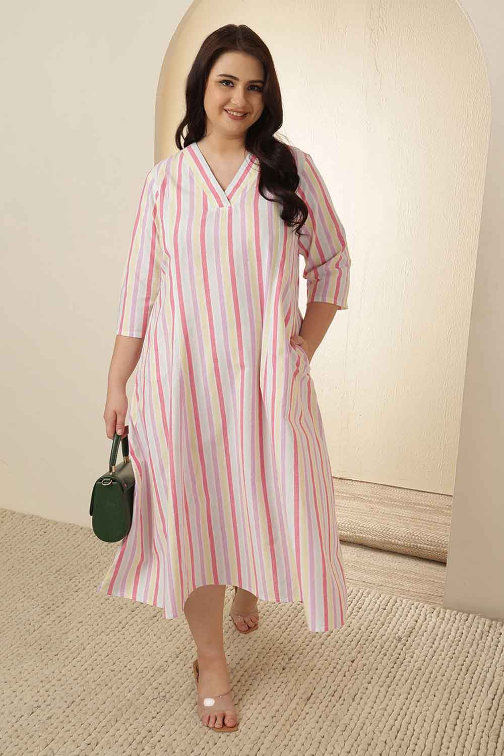 Plus Size White and Pink Vertical Stripes Cotton Dress | Made to Order