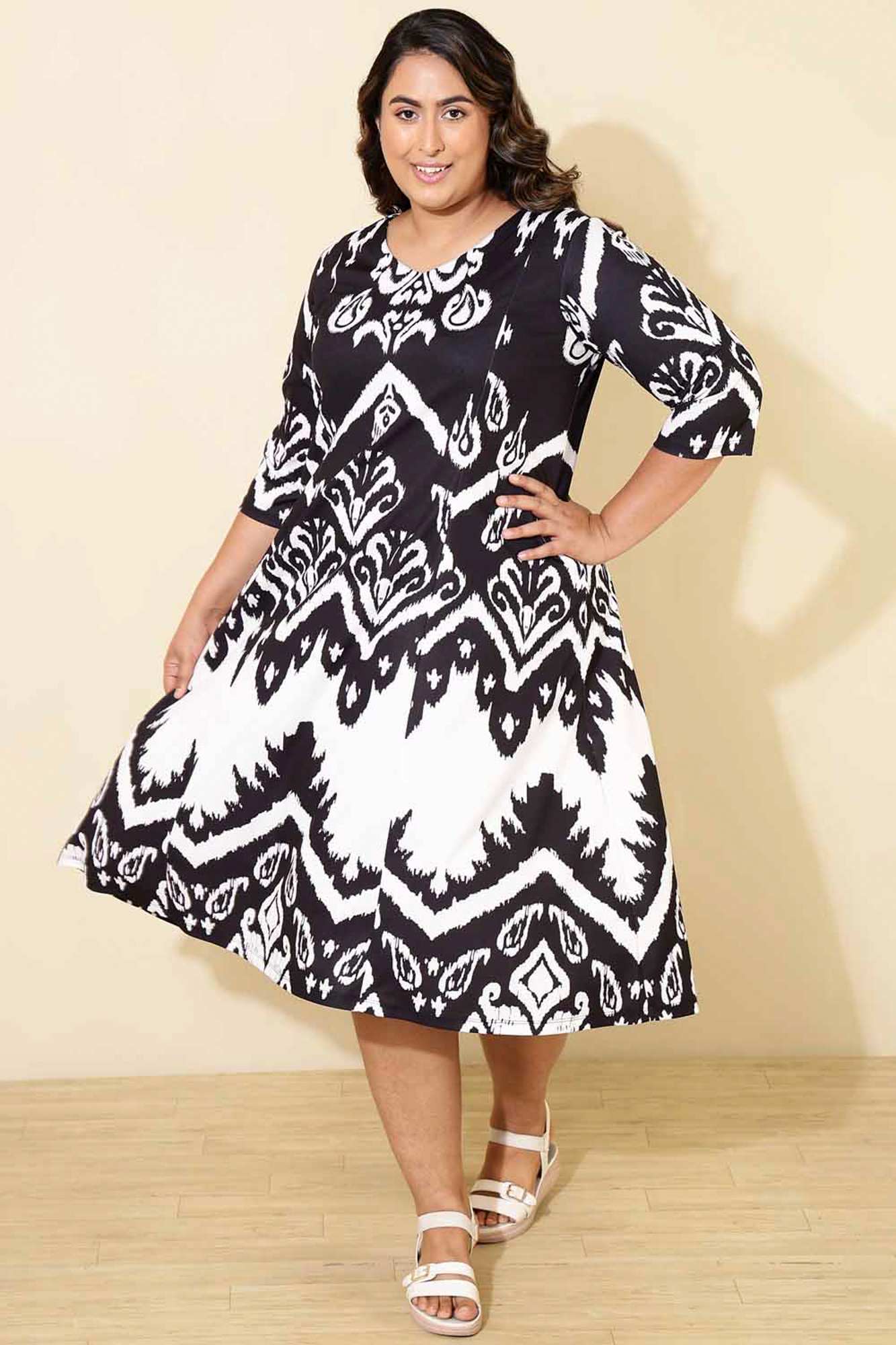 Plus Size Black White Print A Line Dress in Polyester Spandex fabric | Made to Order