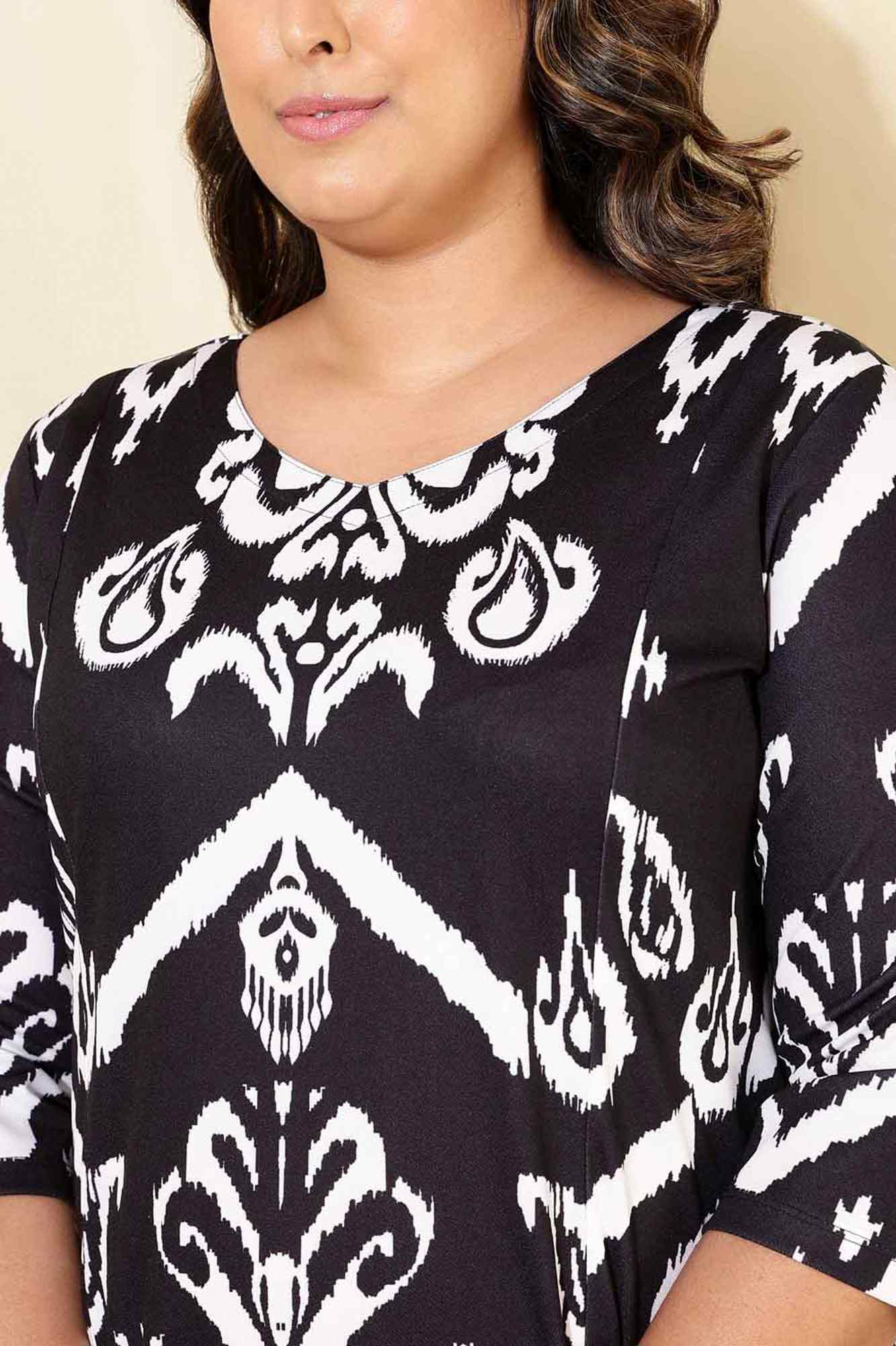 Plus Size Black White Print A Line Dress in Polyester Spandex fabric | Made to Order