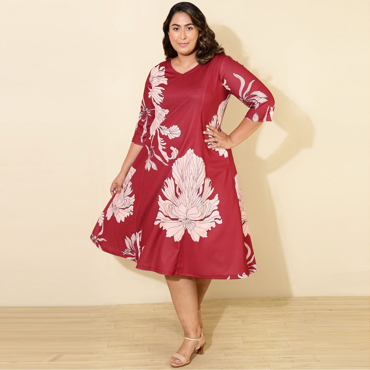 Plus Size Red White Tropical Print A line Dress in Light Stretch Poly Fabric for Women | Made to Order