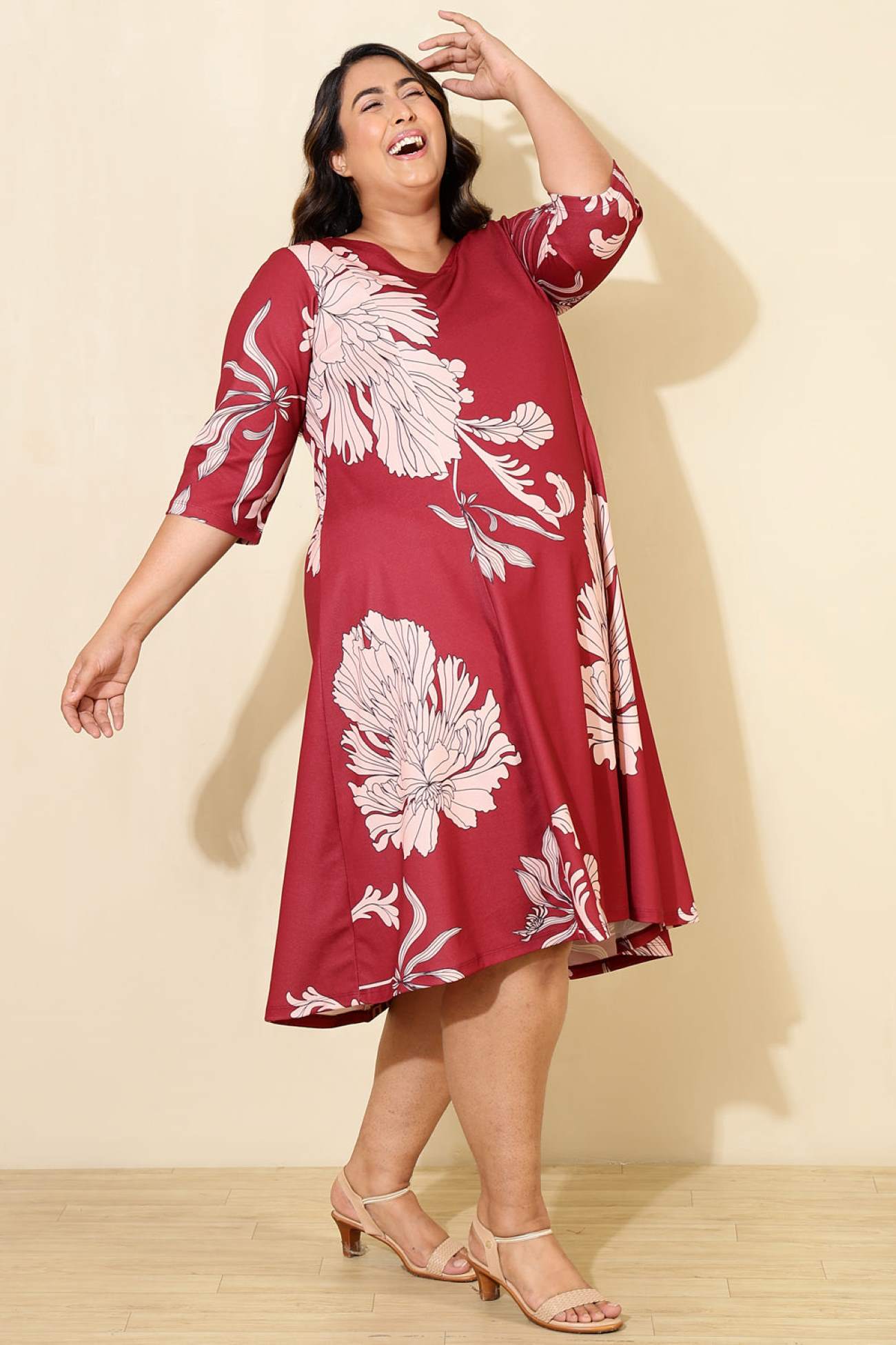 Plus Size Red White Tropical Print A line Dress in Light Stretch Poly Fabric for Women | Made to Order