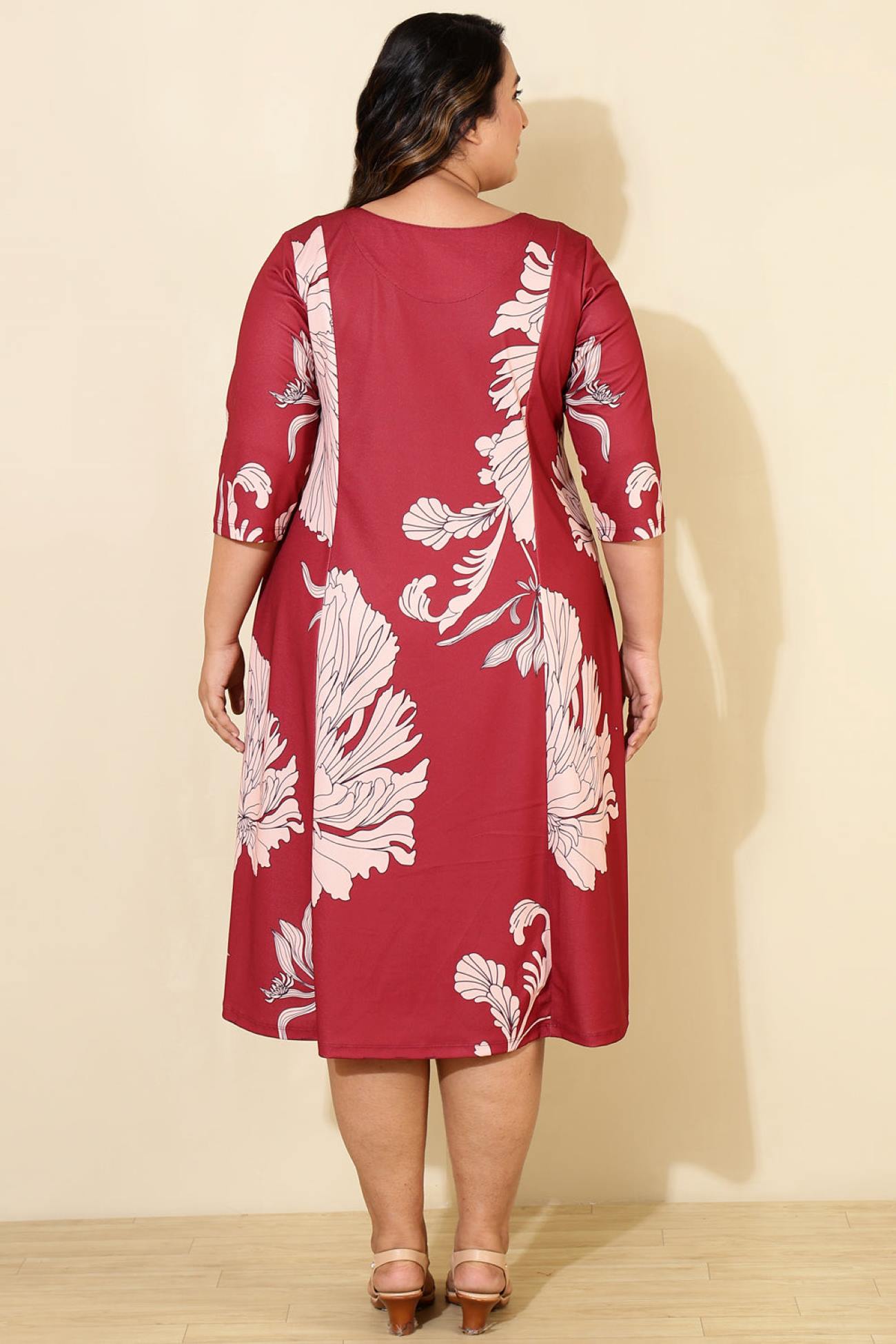 Plus Size Red White Tropical Print A line Dress in Light Stretch Poly Fabric for Women | Made to Order