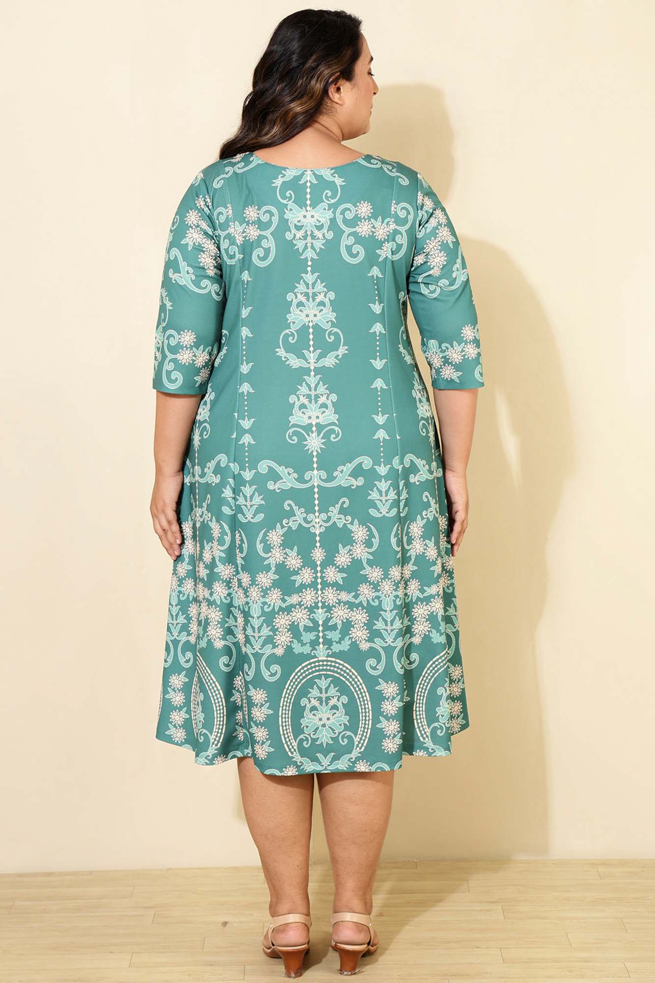 Plus Size Teal Printed A line Dress for Women | Made to Order