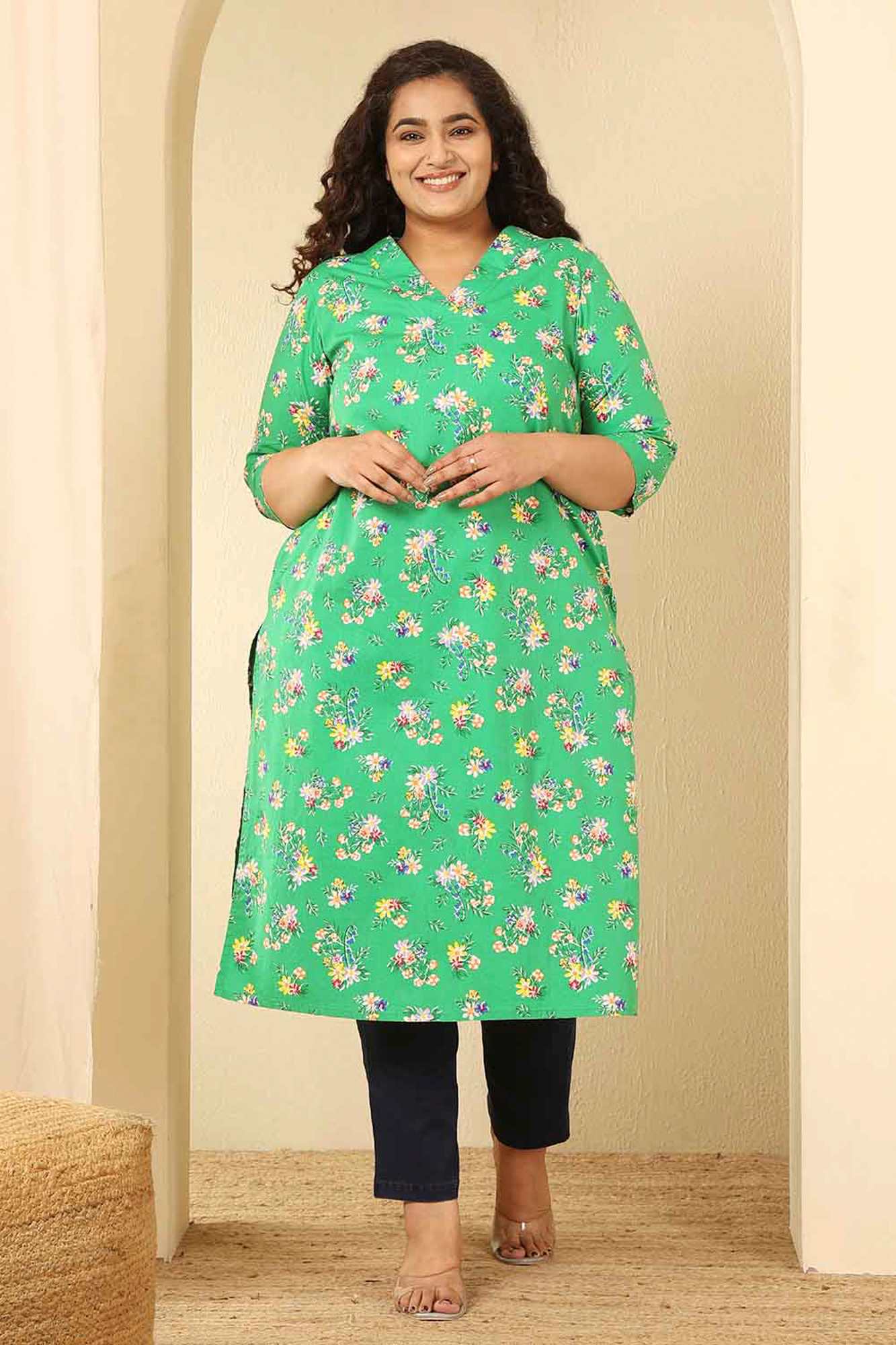 Plus Size Green Floral Print Cotton V Neck Kurta Tunic | Made to Order