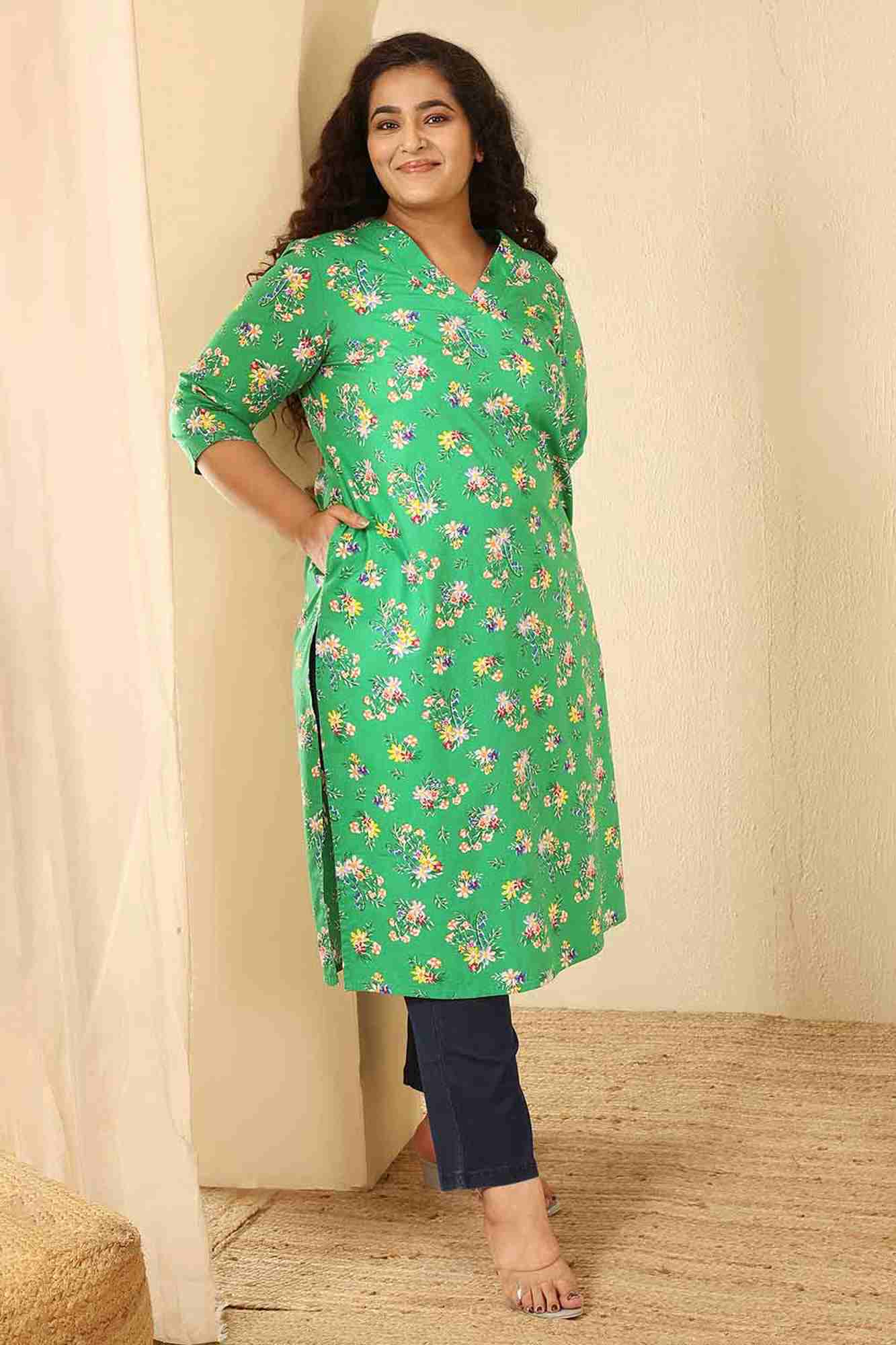 Plus Size Green Floral Print Cotton V Neck Kurta Tunic | Made to Order