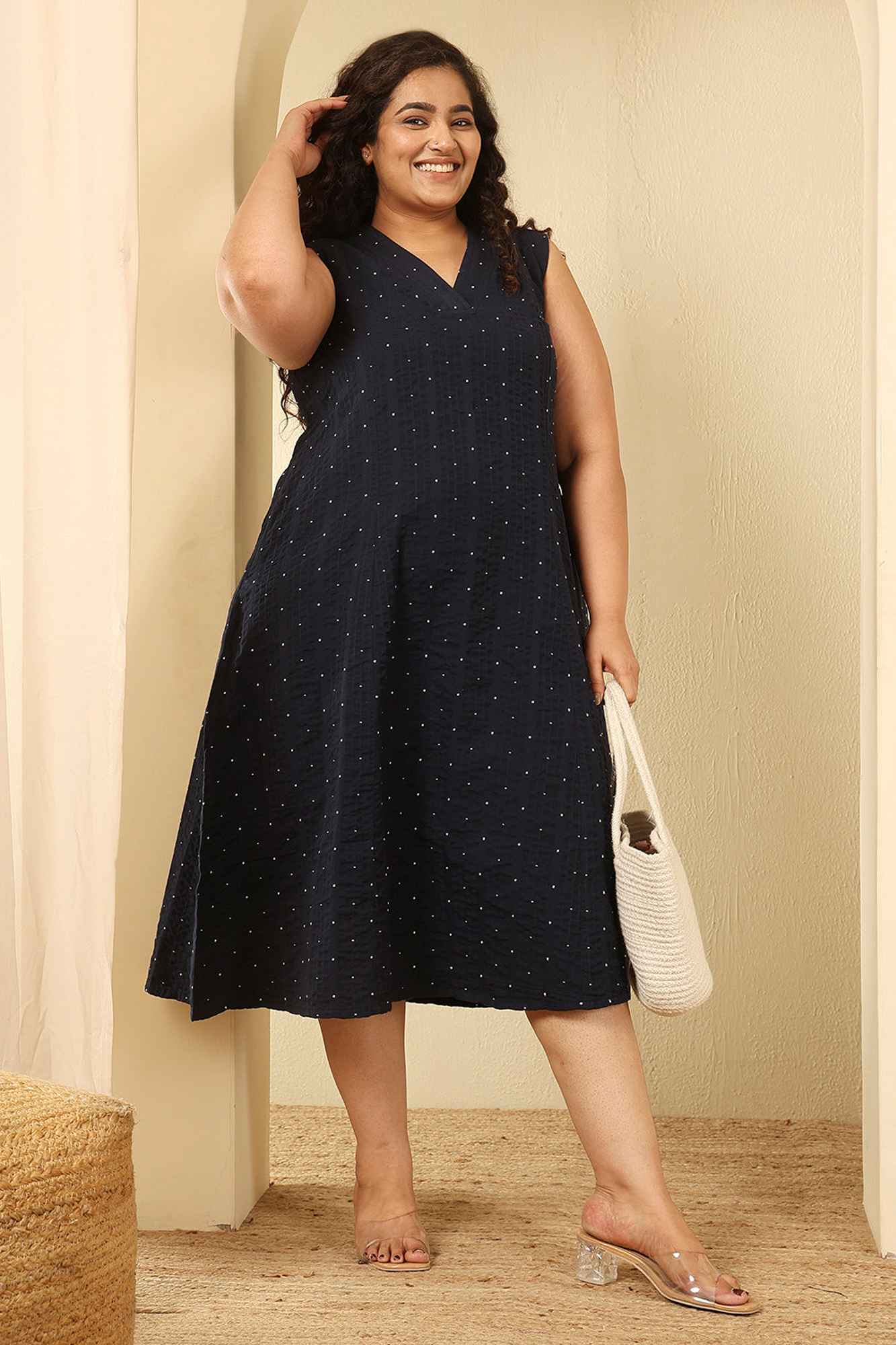 Plus Size Navy Blue Dobby Weave Sleeveless Cotton Midi Dress | Made to Order