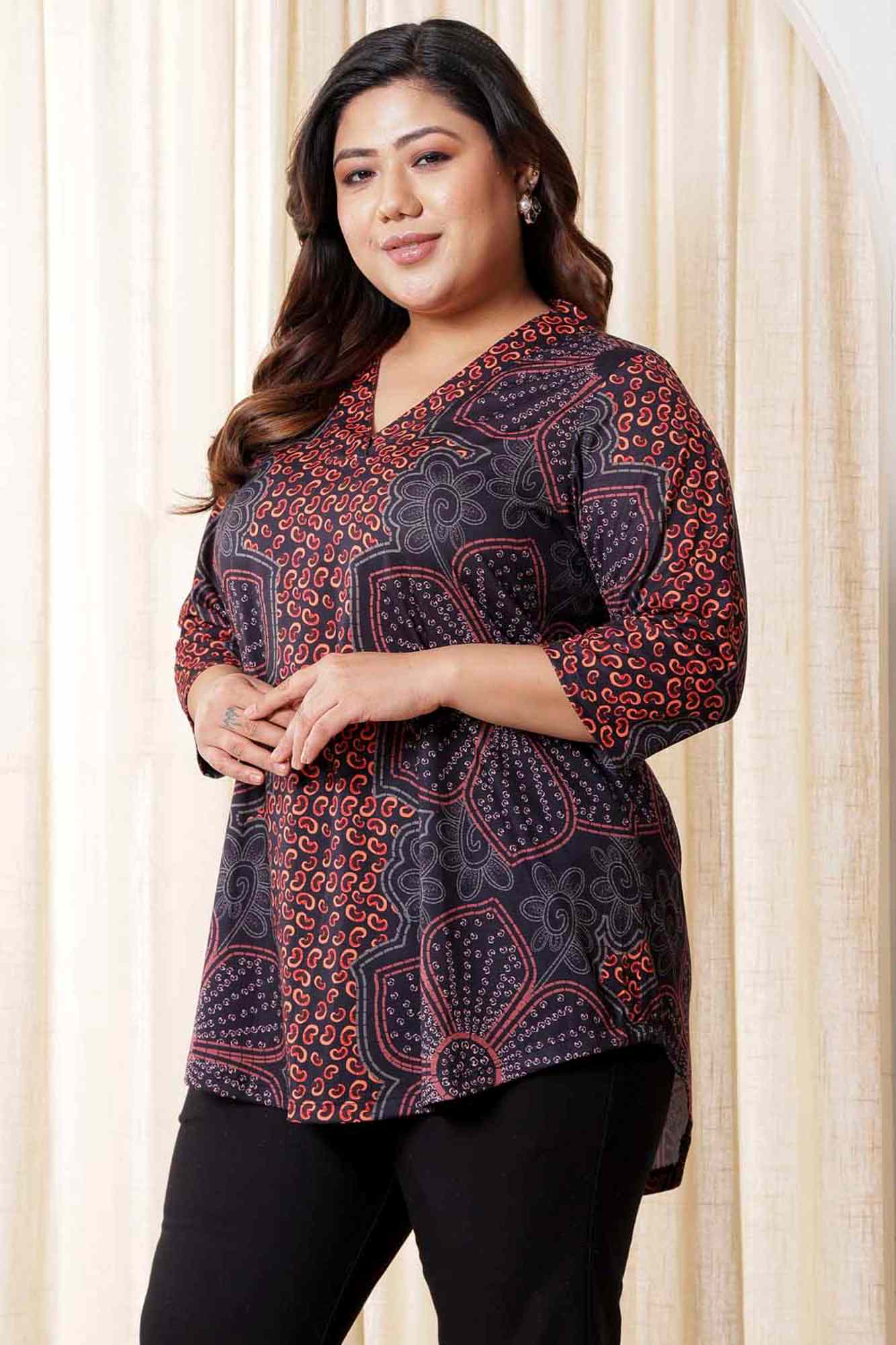 Plus Size High Low Maroon Floral Top in Soft knitted fabric | Made to Order