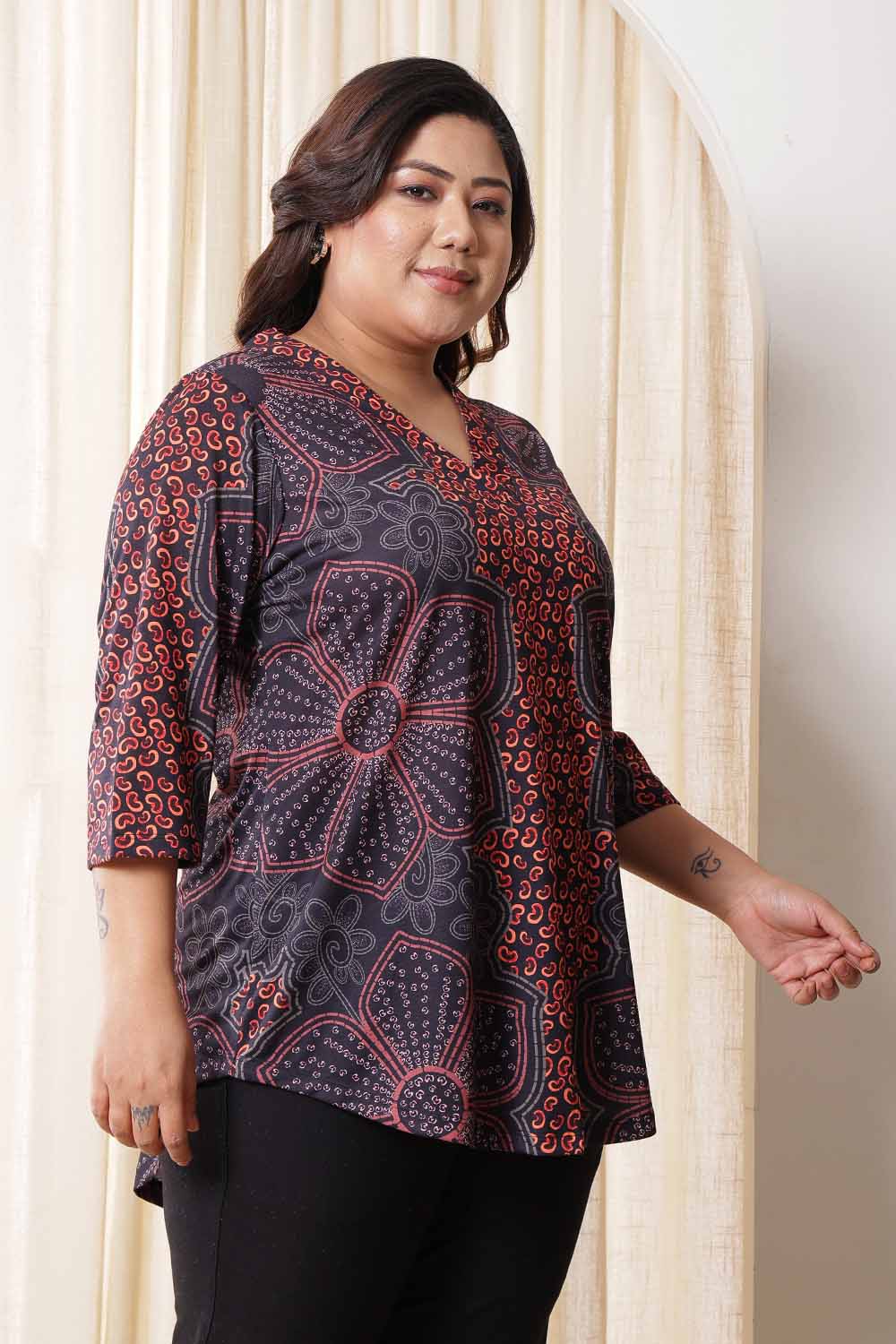 Plus Size High Low Maroon Floral Top in Soft knitted fabric | Made to Order