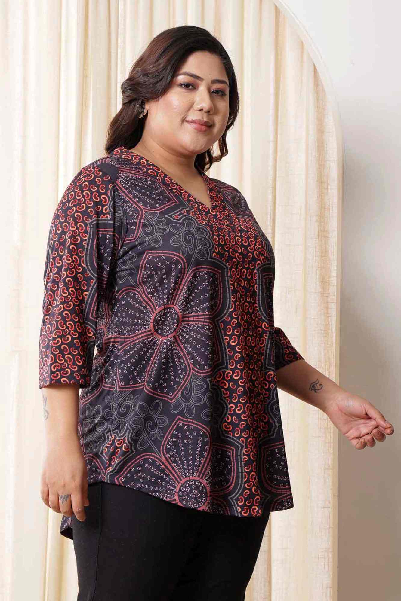 Plus Size High Low Maroon Floral Top in Soft knitted fabric | Made to Order