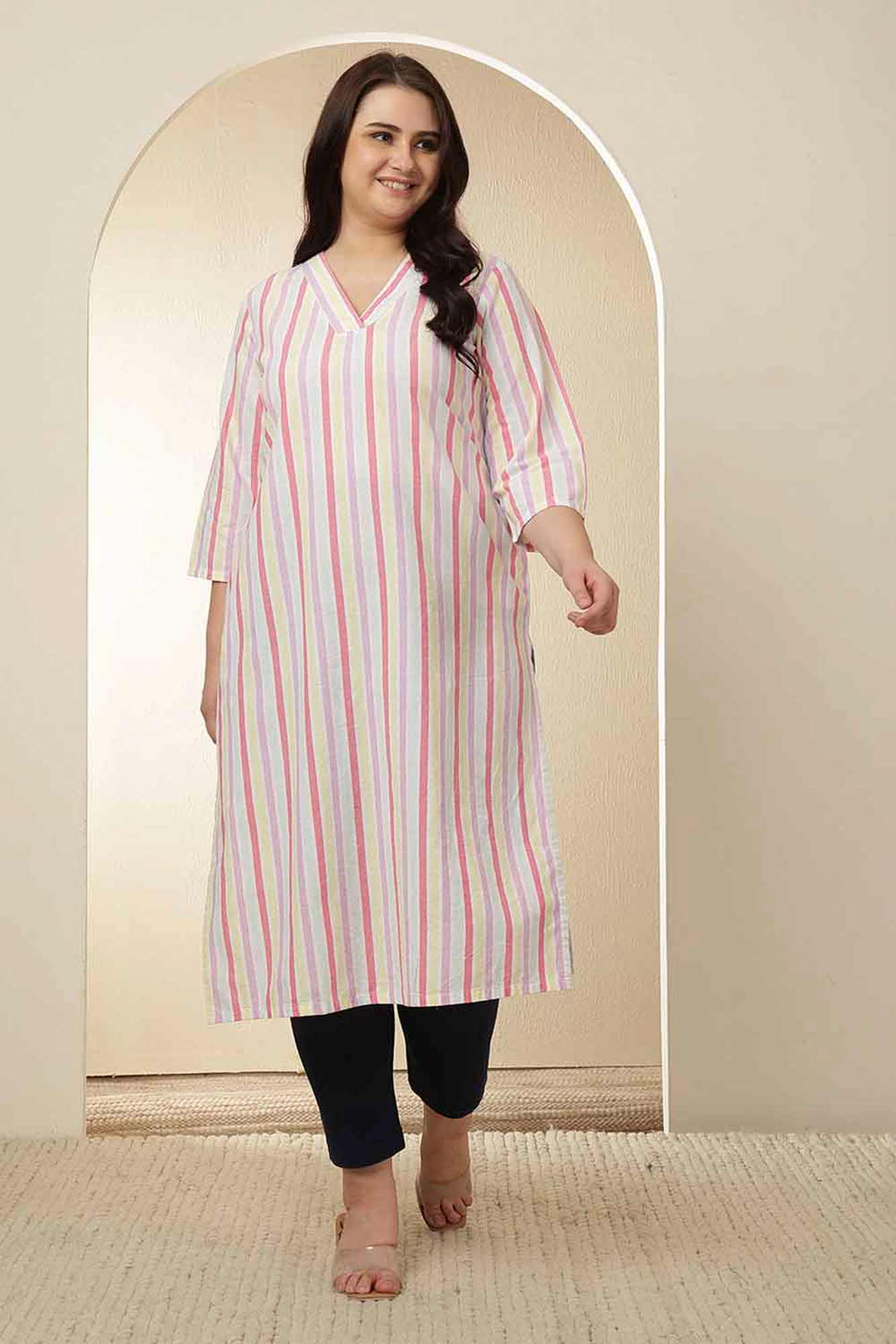Plus Size White Pink Striped Cotton V Neck Kurta Tunic in Cotton | Made to Order