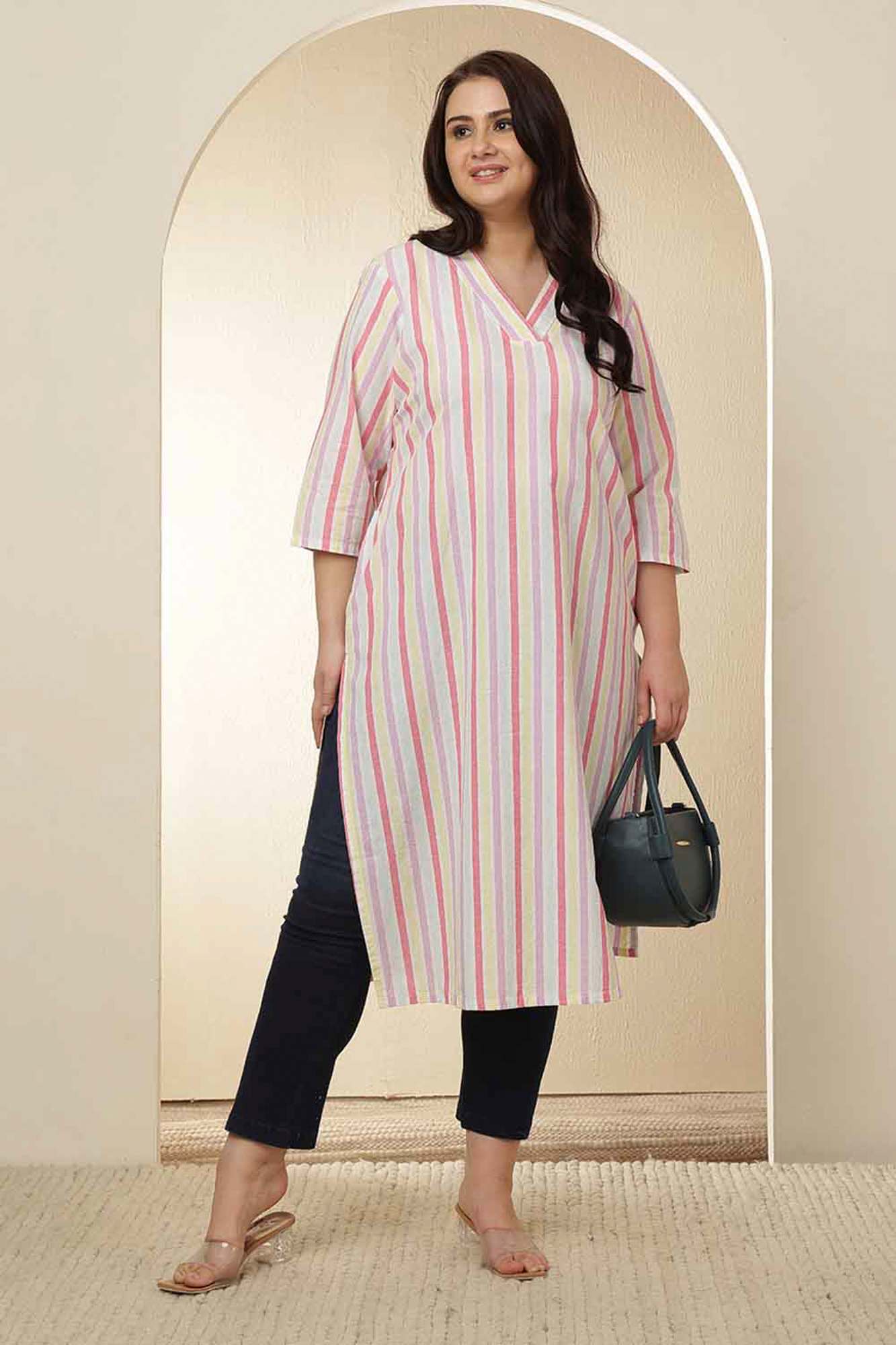 Plus Size White Pink Striped Cotton V Neck Kurta Tunic in Cotton | Made to Order