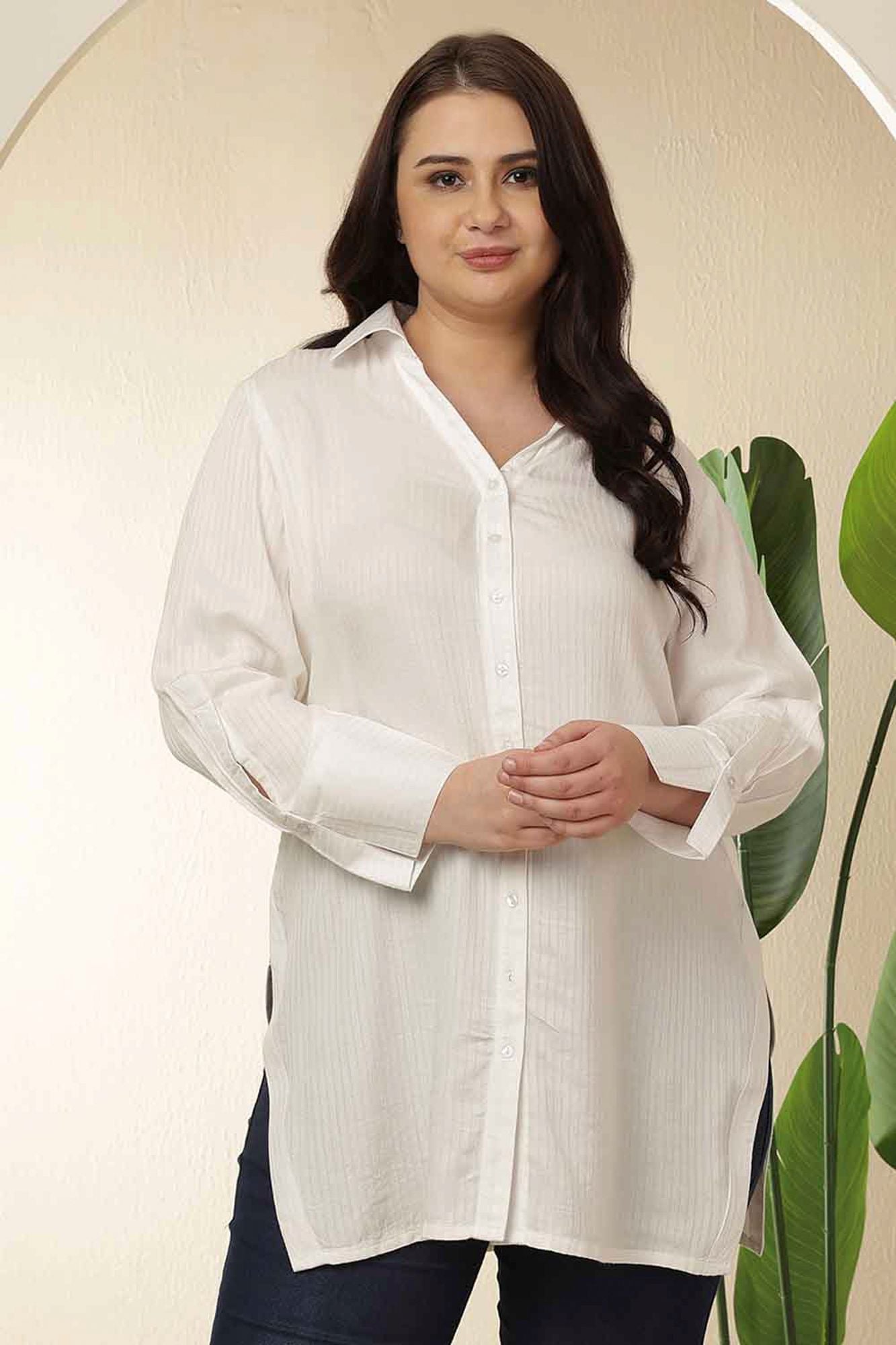 Plus Size White High Slit Styled Cuff Cotton Shirt | Made to Order