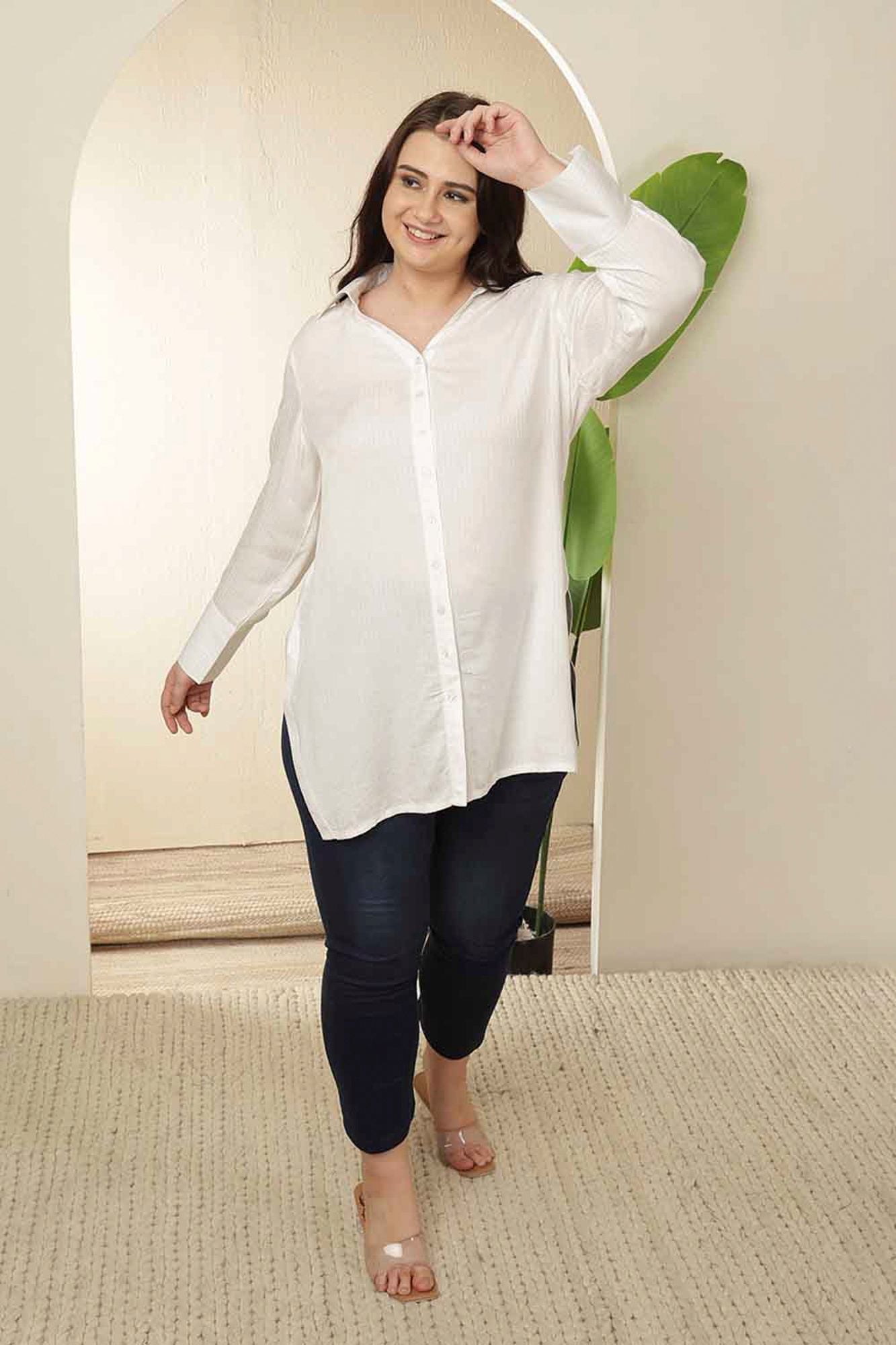 Plus Size White High Slit Styled Cuff Cotton Shirt | Made to Order