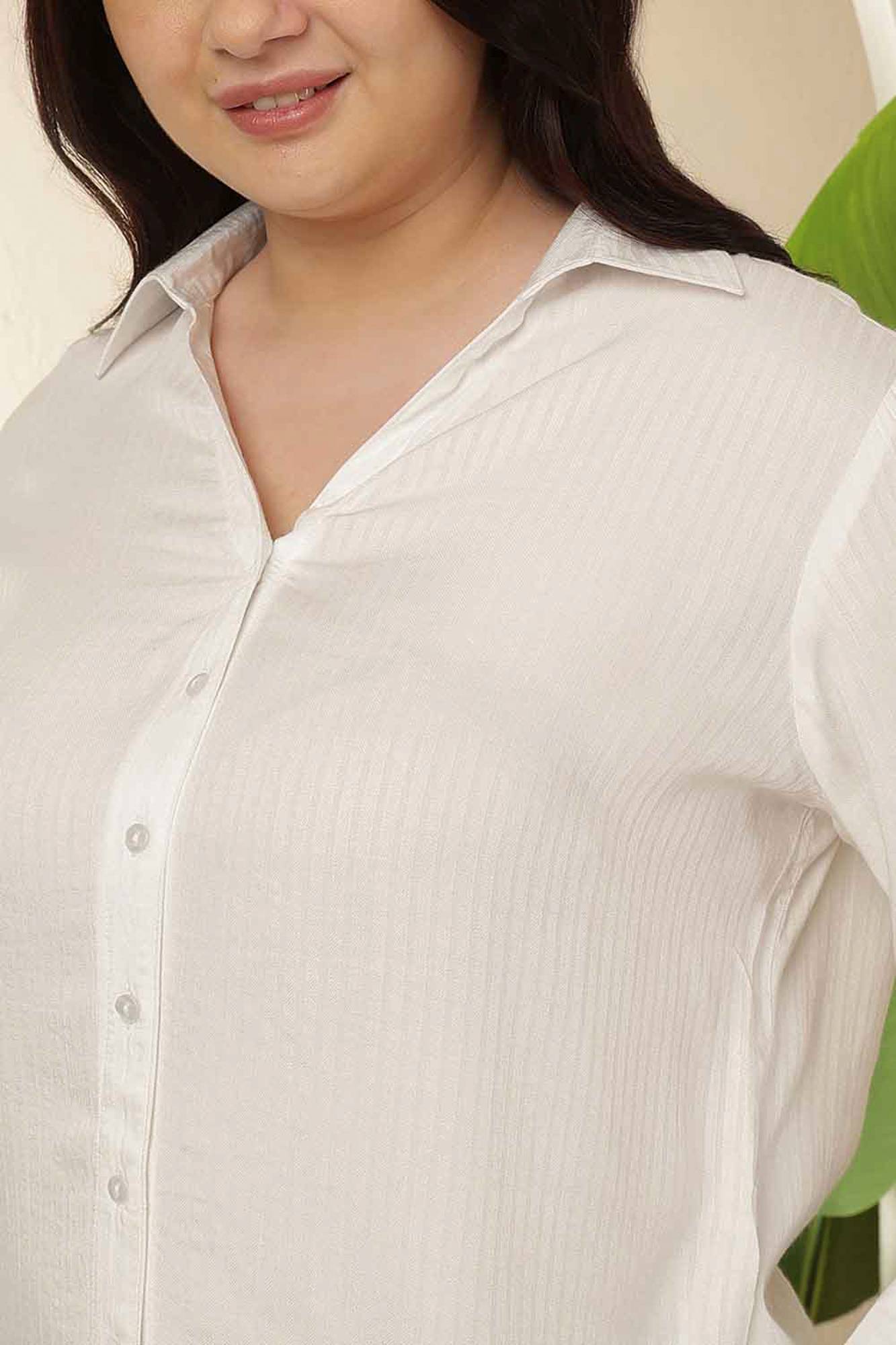 Plus Size White Cuban Collar Cotton Shirt | Made to Order