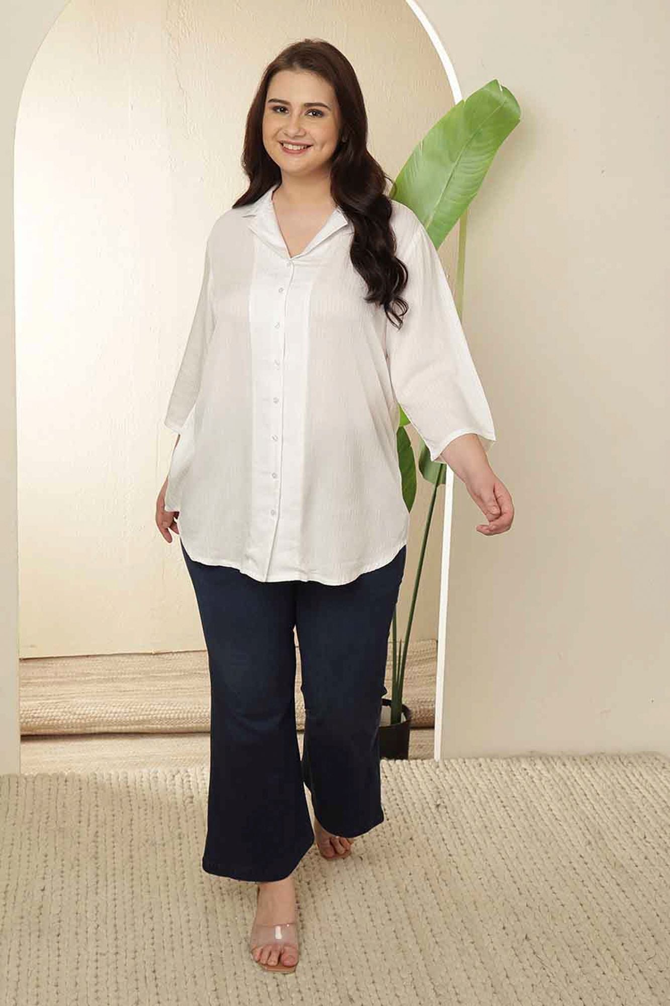 Plus Size White Cuban Collar Cotton Shirt | Made to Order