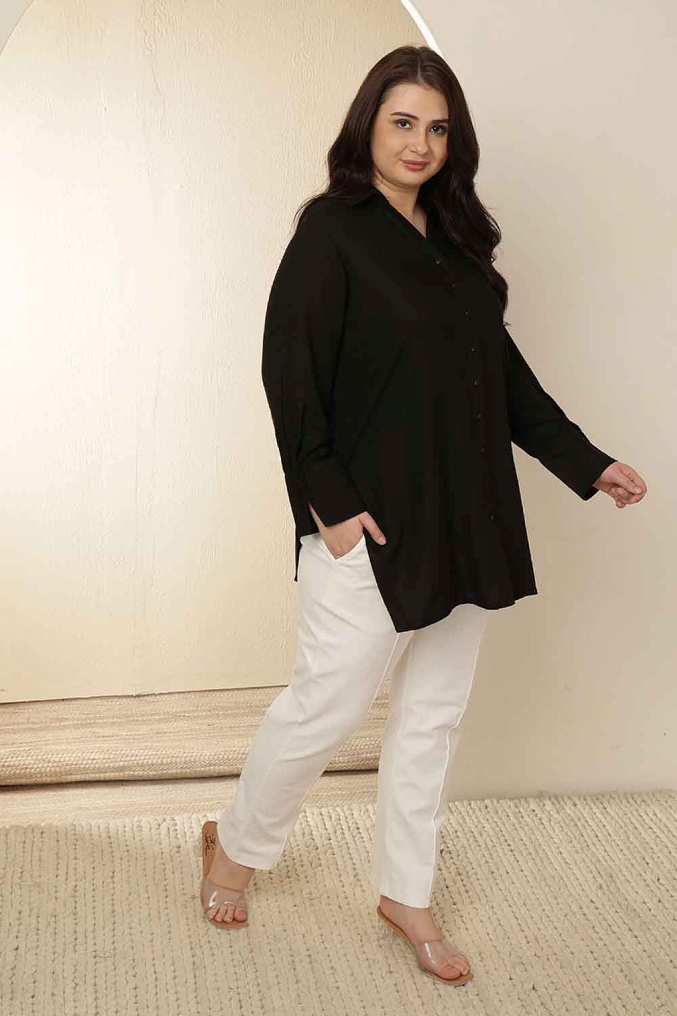 Plus Size Black High Slit Styled Cuff Cotton Shirt | Made to Order