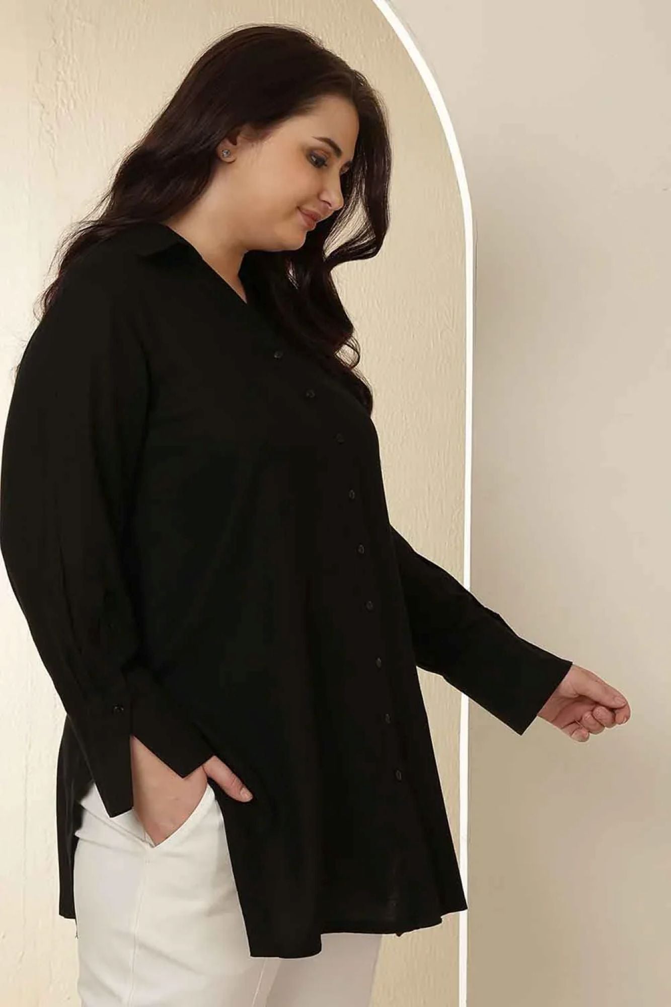 Plus Size Black High Slit Styled Cuff Cotton Shirt | Made to Order