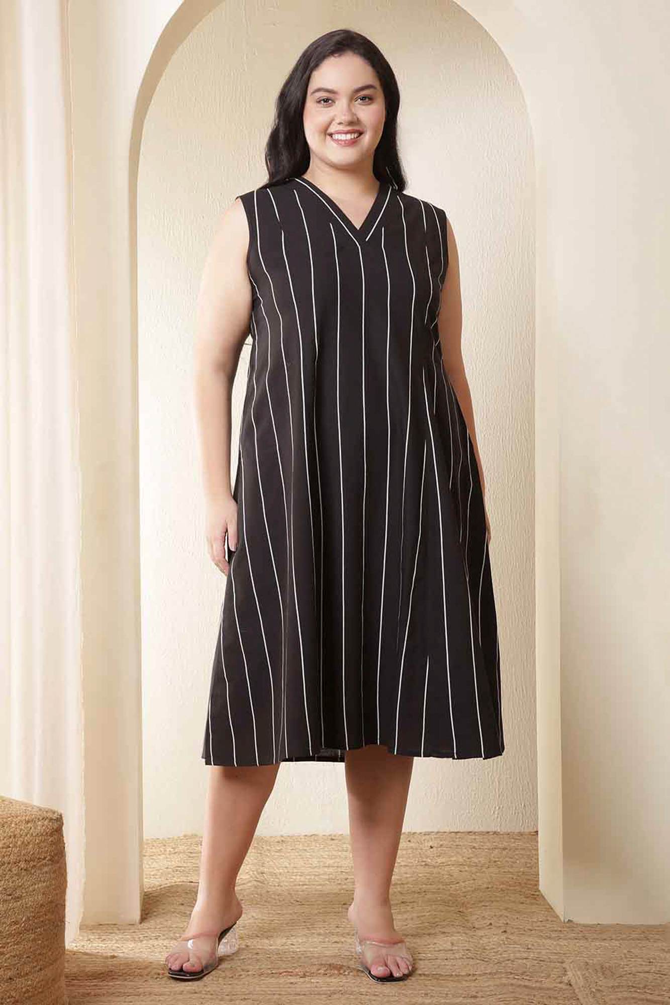 Plus Size Vertical Stripes Sleeveless Cotton Midi Dress | Made to Order