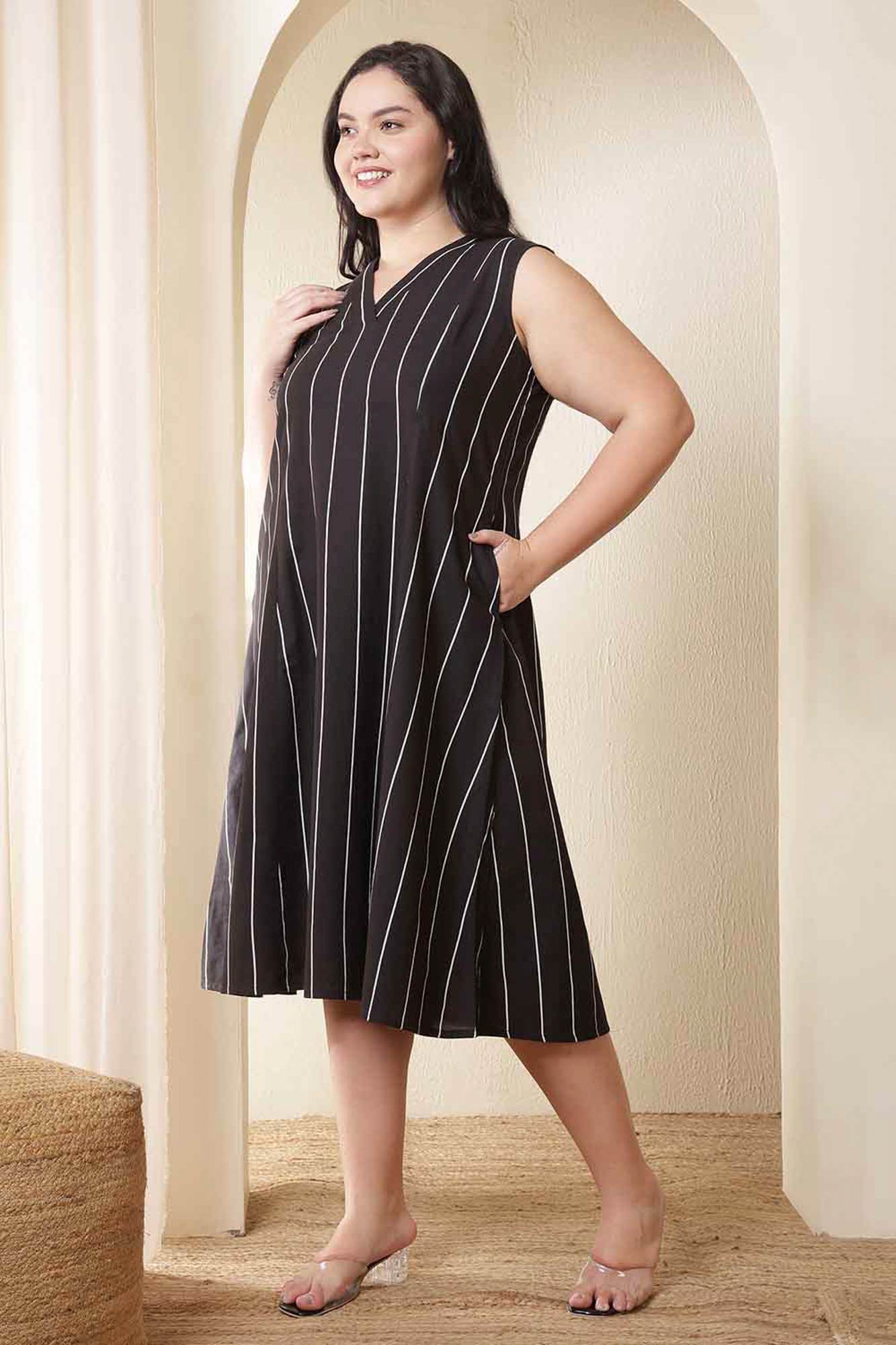 Plus Size Vertical Stripes Sleeveless Cotton Midi Dress | Made to Order