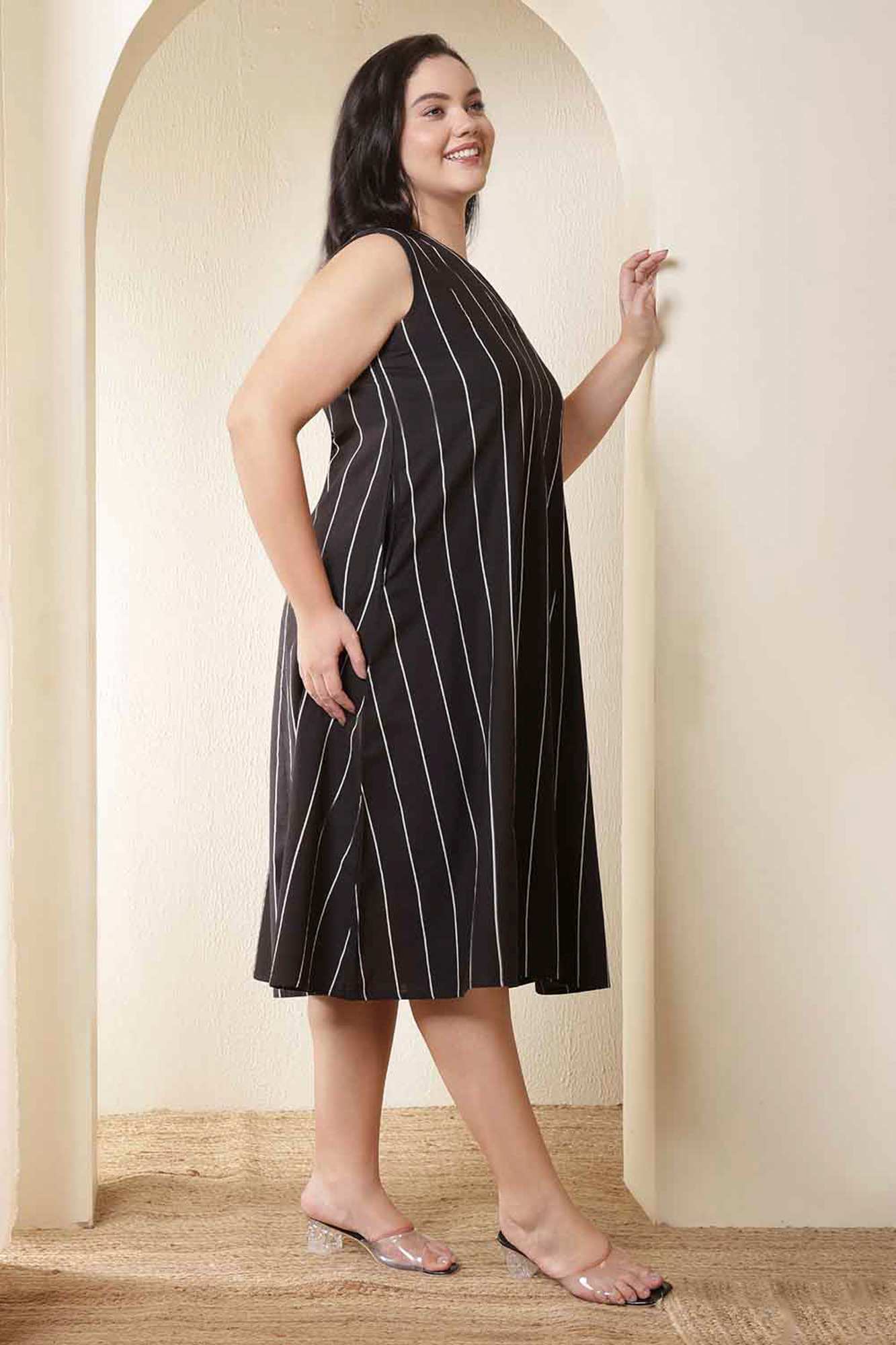 Plus Size Vertical Stripes Sleeveless Cotton Midi Dress | Made to Order