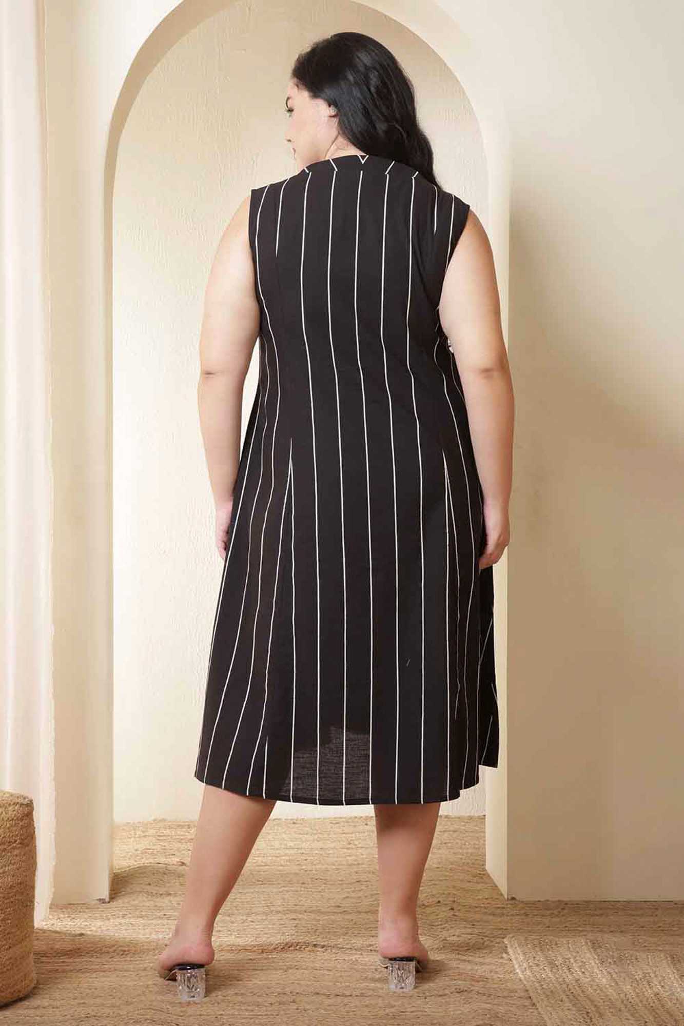 Plus Size Vertical Stripes Sleeveless Cotton Midi Dress | Made to Order