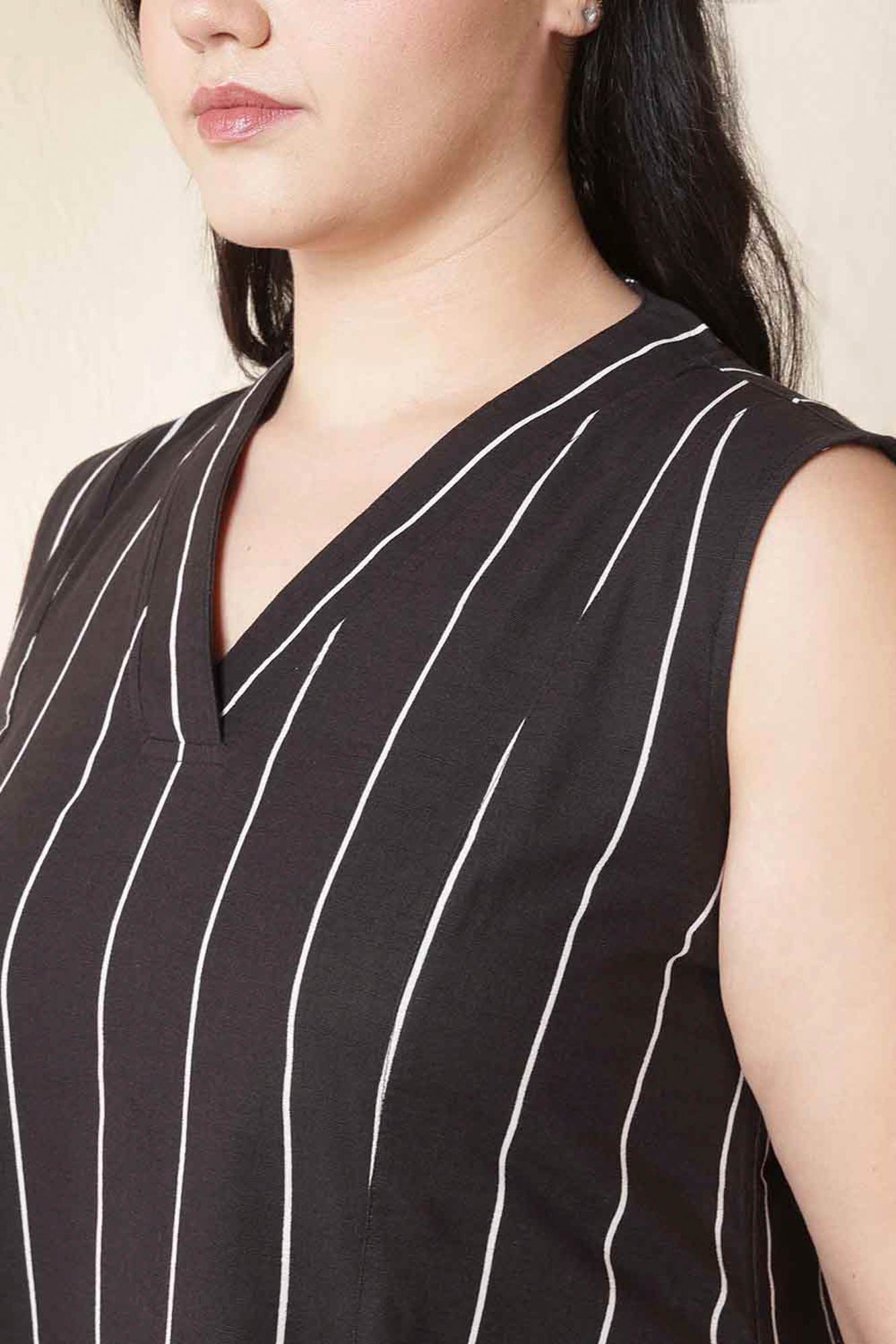 Plus Size Vertical Stripes Sleeveless Cotton Midi Dress | Made to Order
