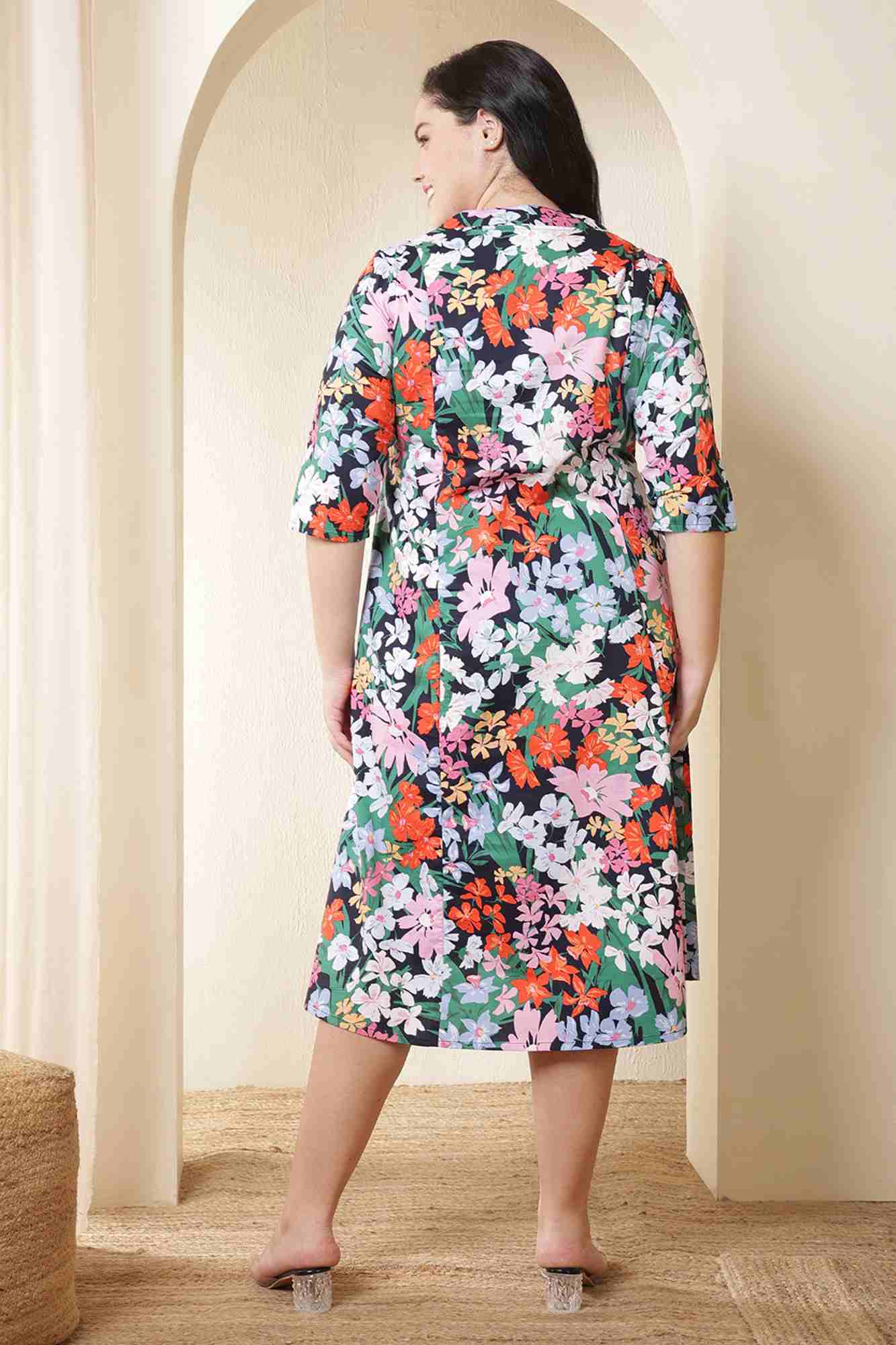 Plus Size Tropical Multicolor Floral Print Cotton Midi Dress