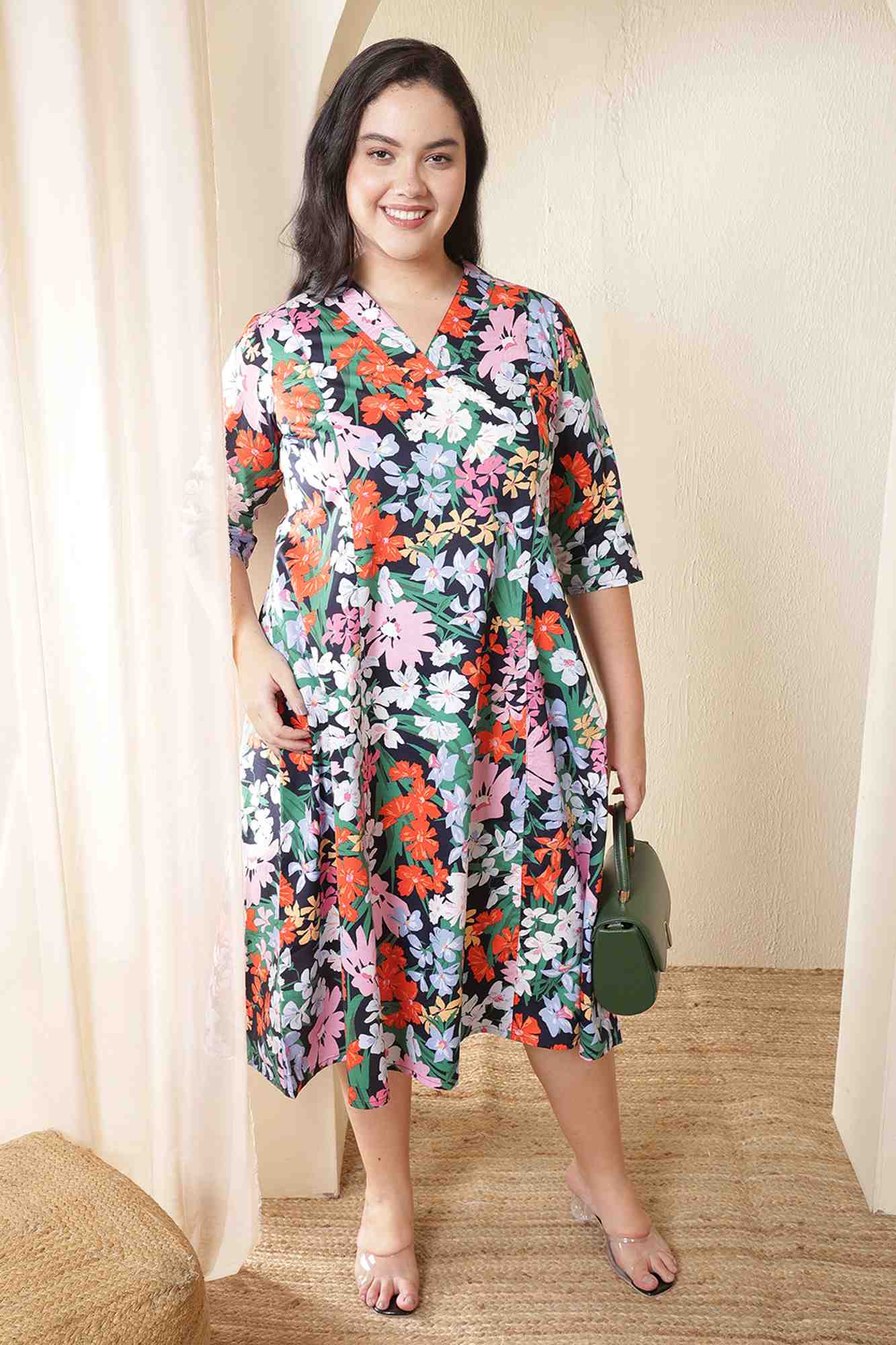 Plus Size Tropical Multicolor Floral Print Cotton Midi Dress