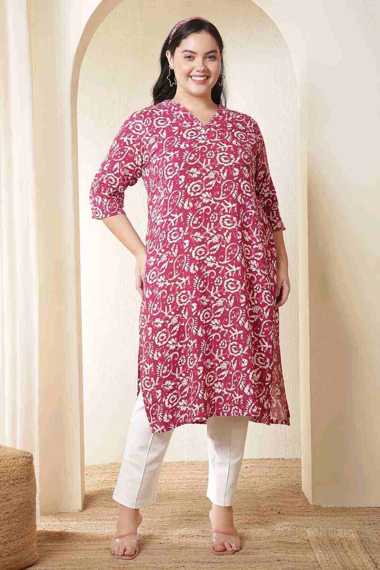 Plus Size Pink Batik Print Cotton V Neck Kurta | Made to Order