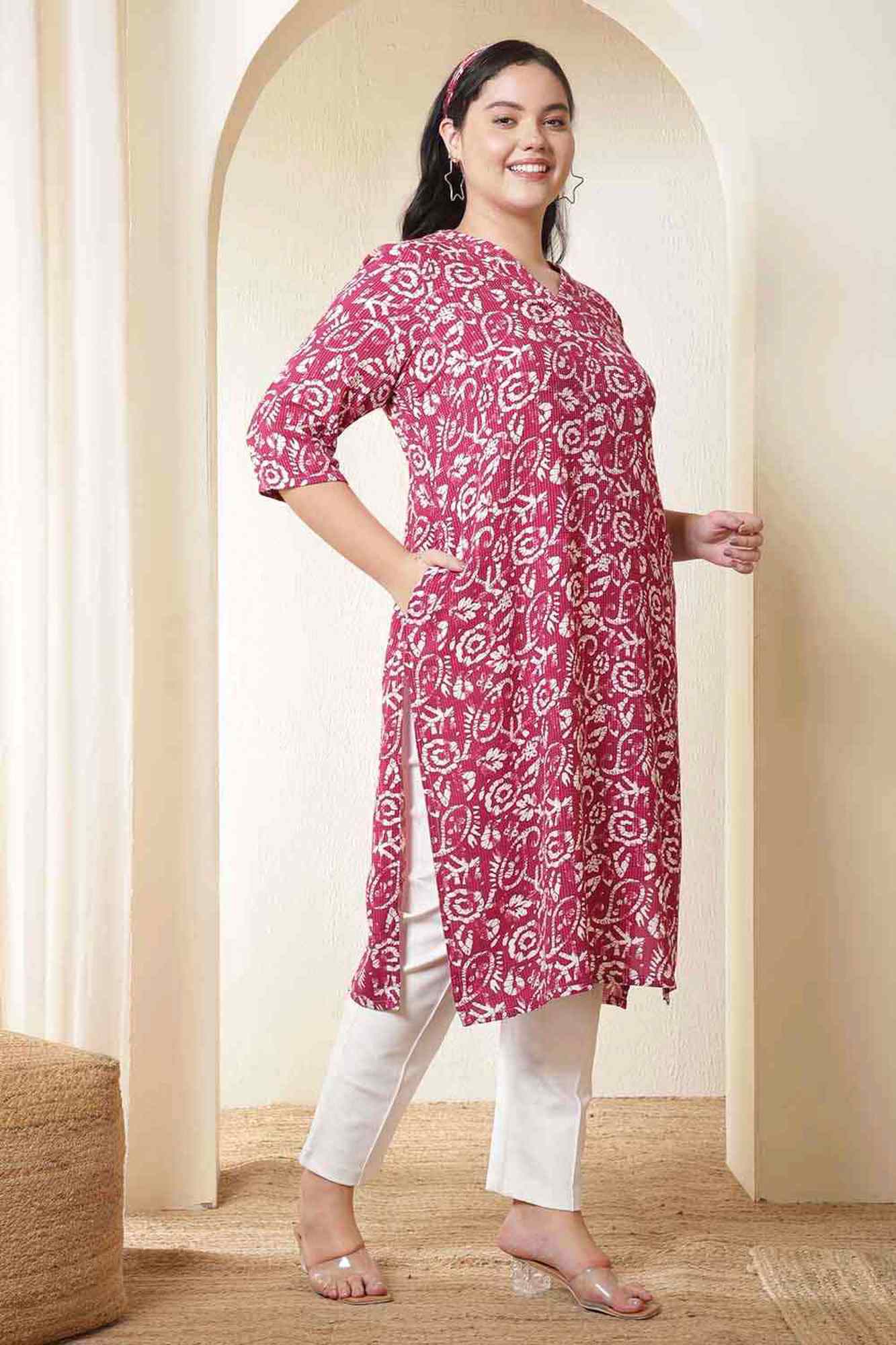 Plus Size Pink Batik Print Cotton V Neck Kurta | Made to Order