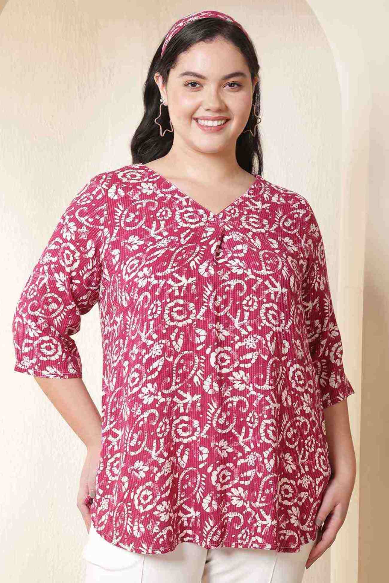 Plus Size Pink Center Pleat Batik Style Print V-Neck Cotton Top in Cotton | Made to Order