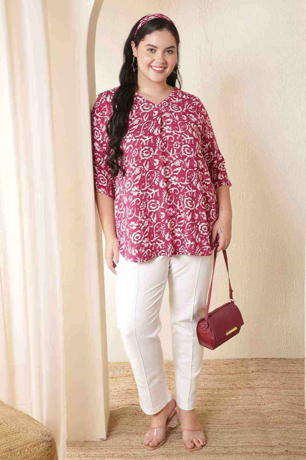 Plus Size Pink Center Pleat Batik Style Print V-Neck Cotton Top in Cotton | Made to Order