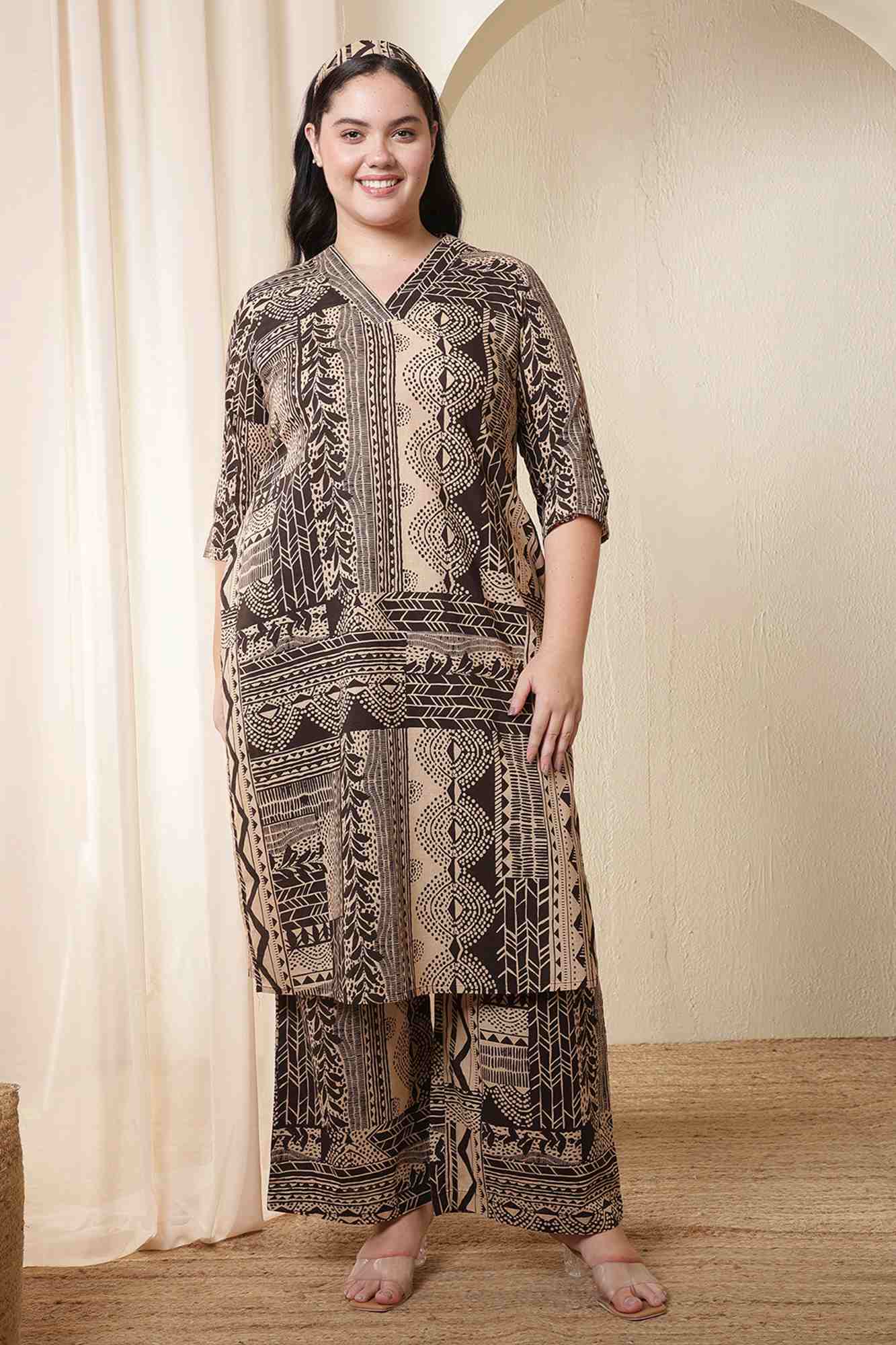 Plus Size Brown Black Printed Cotton Kurta Coord Set for women | Made to Order