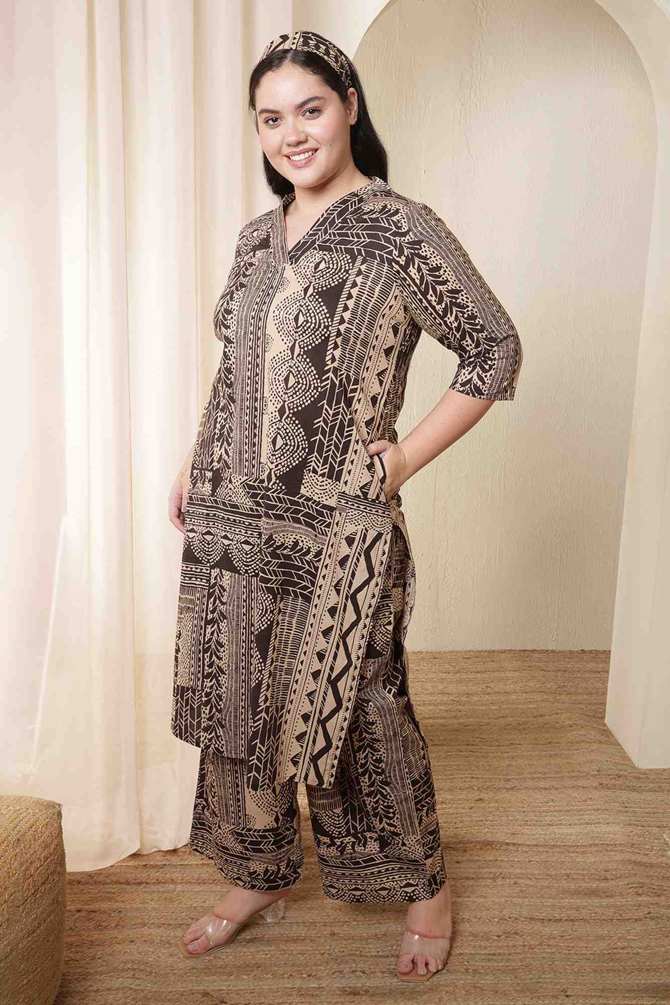 Plus Size Brown Black Printed Cotton Kurta Coord Set for women | Made to Order