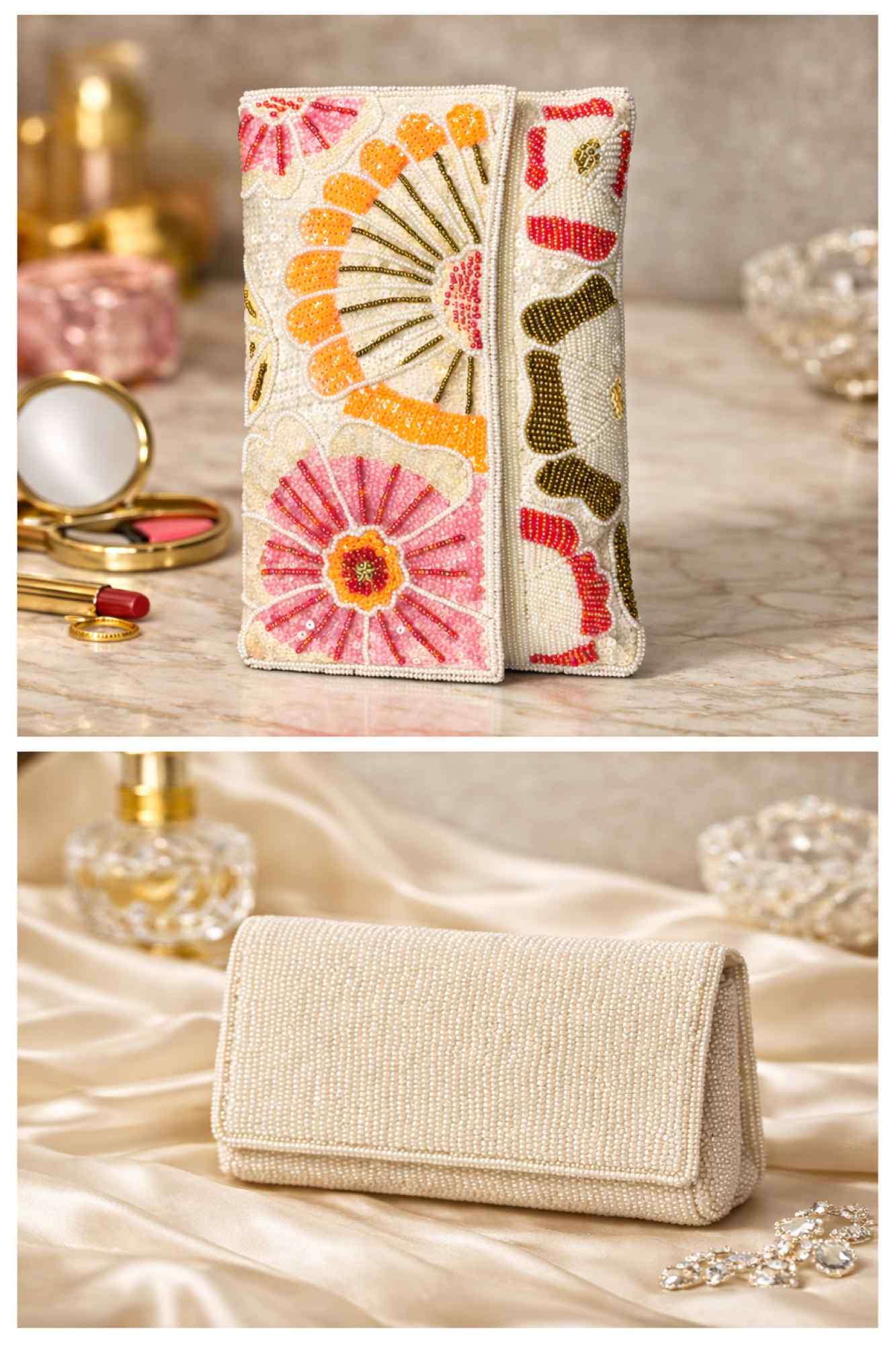 Pastel Bloom Hand-Beaded Floral Embroidered Clutch