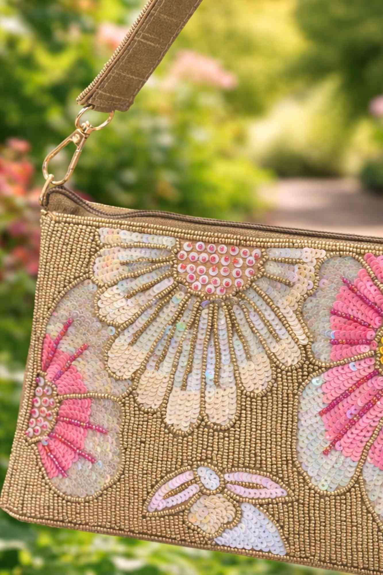 Hand-Beaded Floral Sequin Embroidered Sling Clutch Bag