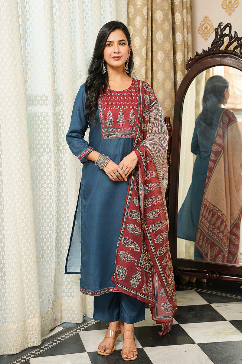 Blue Cotton Blend Ajrakh Printed Straight Kurta Trousers With Dupatta | SHOBITAM