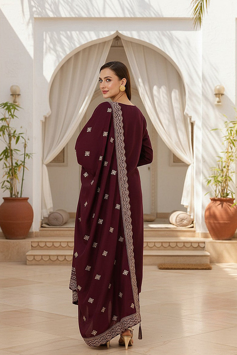 Burgundy Silk Blend Solid Straight Kurta Trousers With Dupatta | SHOBITAM